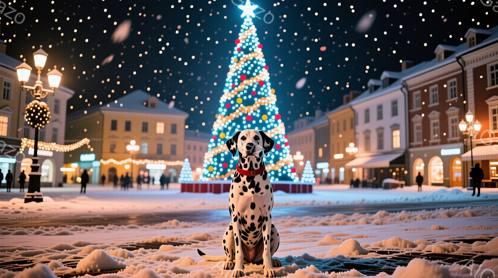 白い雪景色の中に、赤い首輪をつけたダルメシアンが座っている。背景には、色とりどりのイルミネーションで飾られた巨大なクリスマスツリーが聳え立ち、周囲の建物も温かい光で照らされている。雪が舞い降りる夜の、 - AI生成フリー素材
