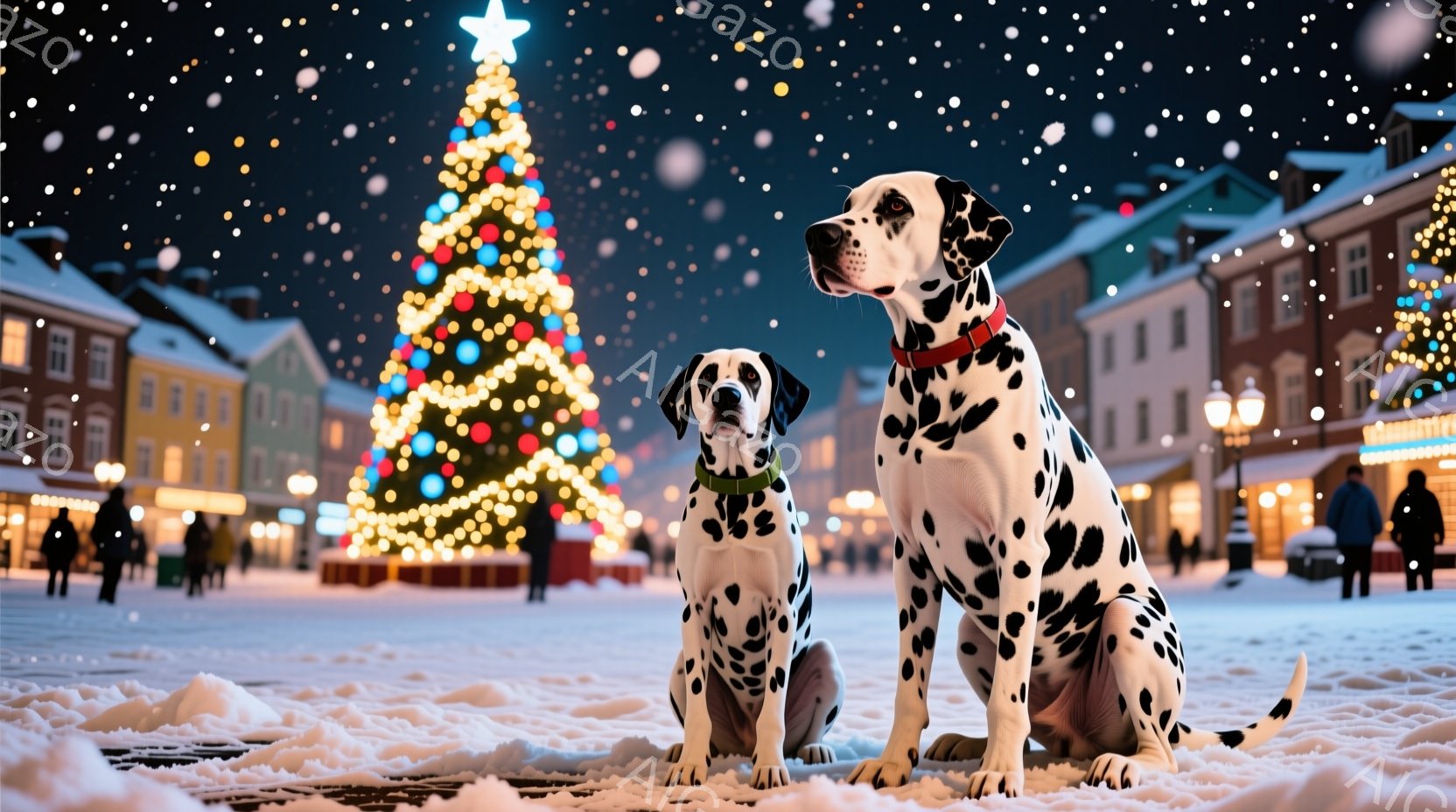 雪が降り積もる夜の街並みを背景に、2匹のダルメシアンが座っています。片方のダルメシアンは赤い首輪、もう片方は緑色の首輪をつけており、それぞれ前方をまっすぐ見つめています。背景には、きらびやかなクリスマ - AI生成フリー素材