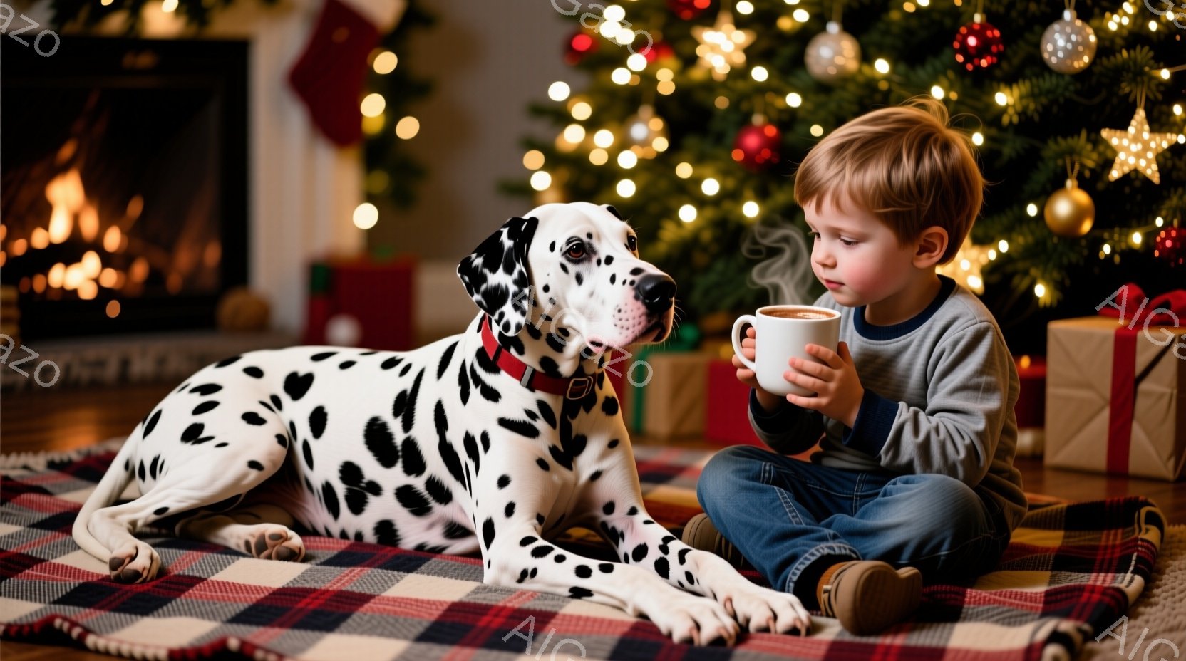 少年はチェック柄の敷物の上で正座し、湯気が立つマグカップを両手で持っています。そばにはダルメシアンが横たわり、少年のほうを見ています。背景にはクリスマスツリーが飾られ、暖炉の炎が見える、温かく穏やかな - AI生成フリー素材