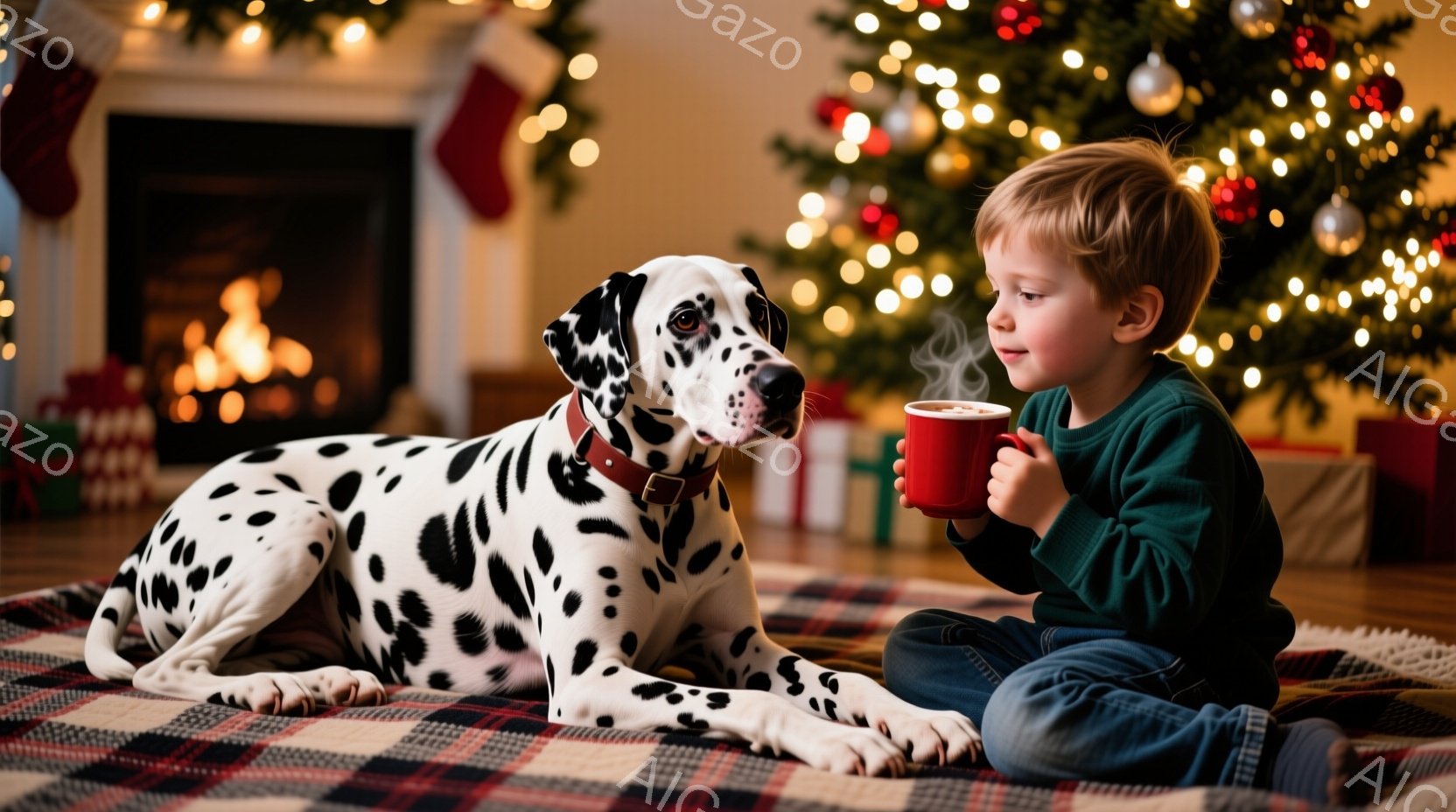 少年は緑色のセーターを着て、膝を抱えて座り、赤いマグカップを手に持っています。そばには、黒い斑点模様のダルメシアンが横たわっており、少年の方を見ています。背景にはクリスマスツリーや暖炉があり、赤いチェ - AI生成フリー素材