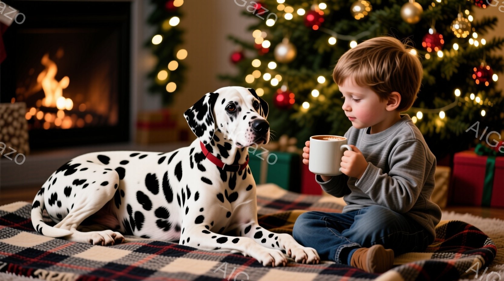 少年はチェック柄の敷物の上で正座し、片手にマグカップを持って何かを飲んでいるようです。ダルメシアンは少年の隣で横になり、リラックスした様子でこちらを見ています。背景にはクリスマスツリーやプレゼント、暖 - AI生成フリー素材