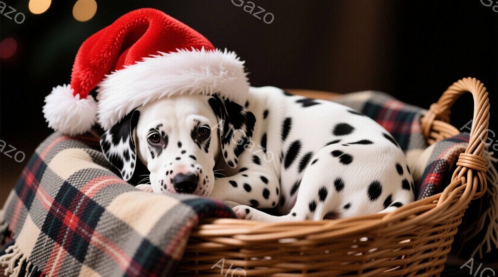 白地に黒い斑点模様のダルメシアンの子犬が、織られたバスケットの中に丸まって横たわっています。子犬は赤いサンタの帽子をかぶっており、穏やかで眠そうな表情をしています。背景には、ぼやけた光とチェック柄の布があり、温かく、クリスマスの雰囲気を醸し出しています。