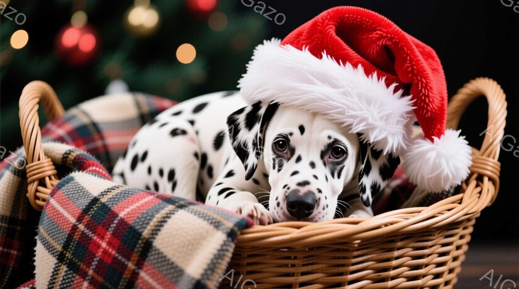 白地に黒い斑点模様のダルメシアンの子犬が、ウィッカー製のバスケットに包まれたチェック柄の毛布の上で丸まって眠っています。赤いサンタ帽を被っており、愛らしい表情でカメラを見つめています。背景にはぼやけた - AI生成フリー素材
