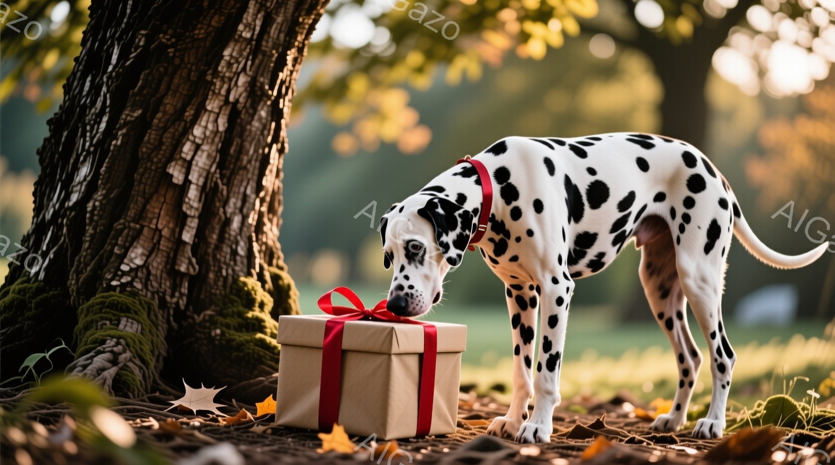 ダルメシアン犬が、茶色のリボンで結ばれた四角いプレゼントの箱を鼻で突いている。背景には苔むした木の幹と、落ち葉が散らばる緑の芝生があり、秋の穏やかな日差しが差し込んでいる。犬は首輪をつけており、プレゼ - AI生成フリー素材