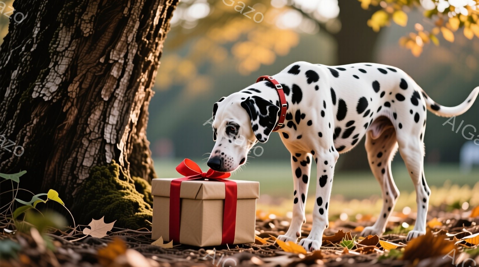 黒地に白い斑点模様のダルメシアンが、プレゼントボックスの匂いを嗅いでいます。プレゼントボックスは茶色い包装紙で包まれ、赤いリボンが結ばれています。背景には、落ち葉が敷き詰められた地面と緑の芝生、そして - AI生成フリー素材