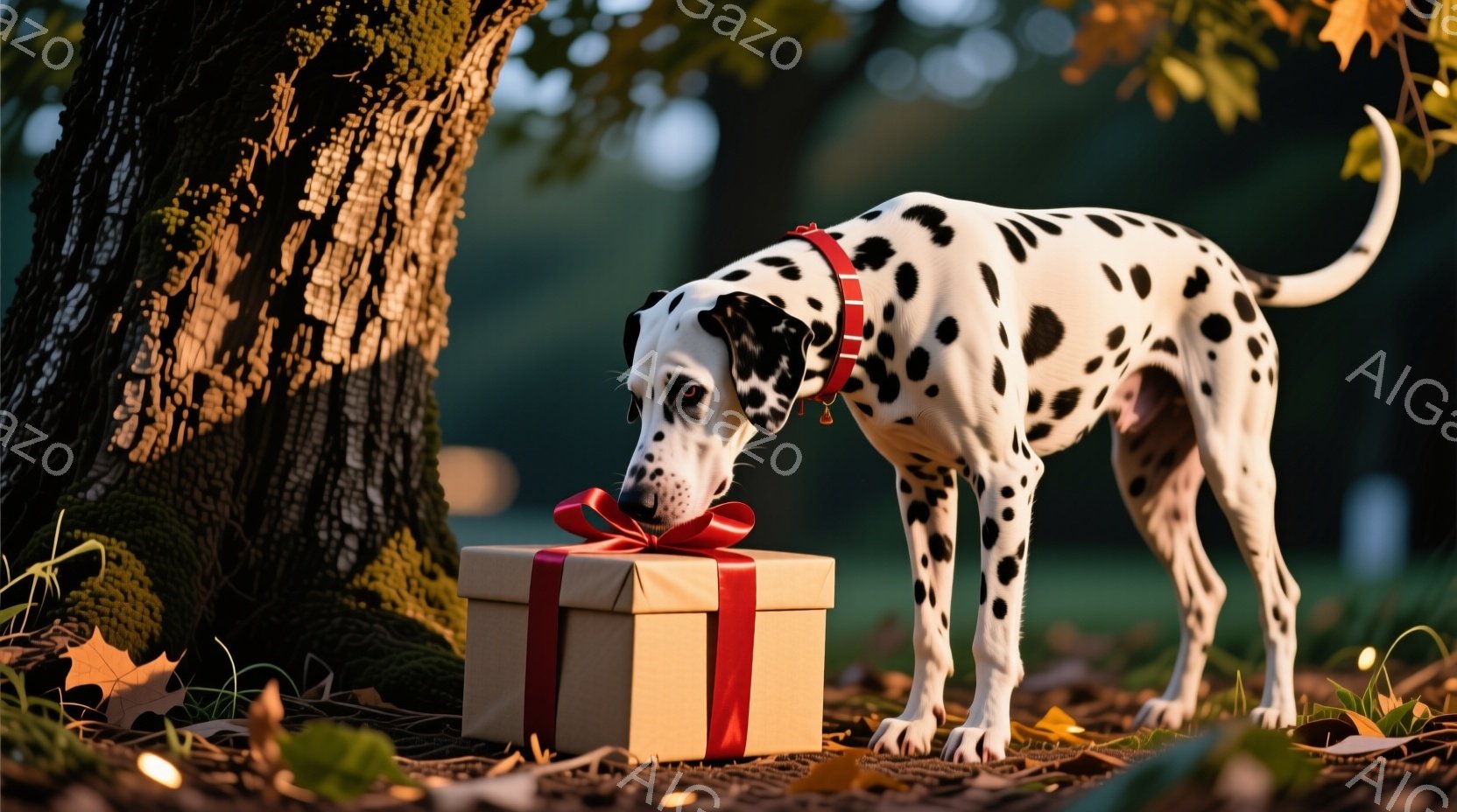ダルメシアン犬が、赤いリボンで結ばれた茶色のギフトボックスの近くに立っている。背景には緑豊かな草地と木々があり、落ち葉が散らばっていることから秋の穏やかな日であることがわかる。犬はギフトボックスに興味 - AI生成フリー素材