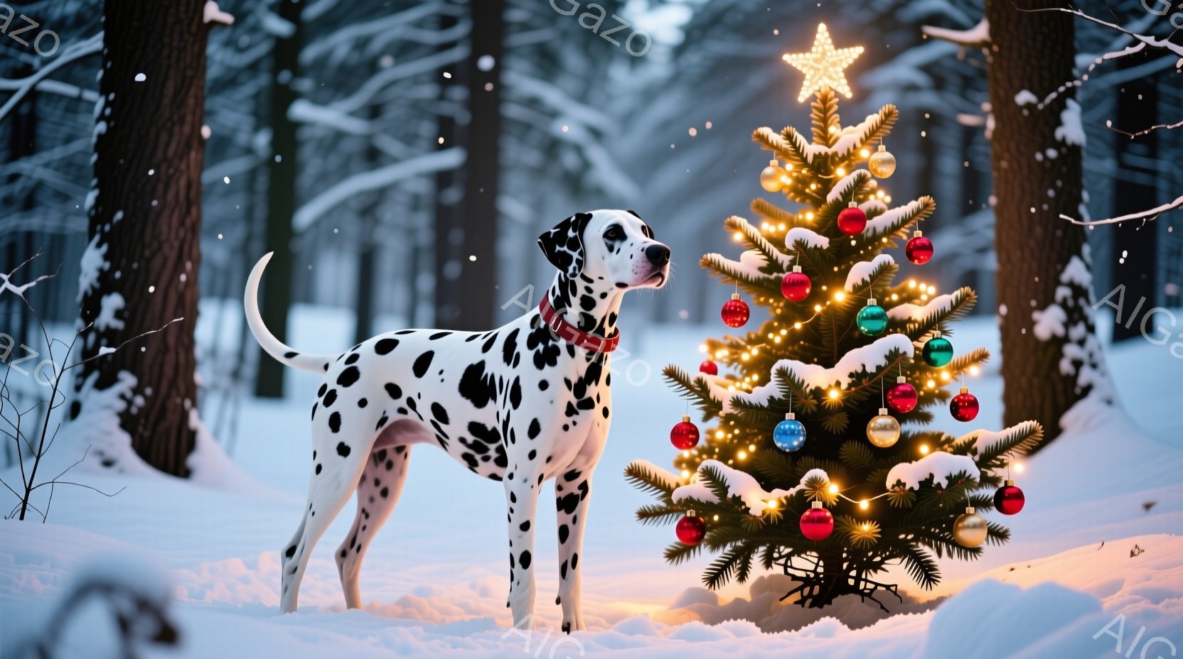 白地に黒い斑点模様のダルメシアン犬が雪景色の中で、装飾されたクリスマスツリーのそばに立っている。赤い首輪をつけ、凛とした表情でツリーを見つめている。背景には雪に覆われた木々が立ち並び、まるで冬の森の中 - AI生成フリー素材