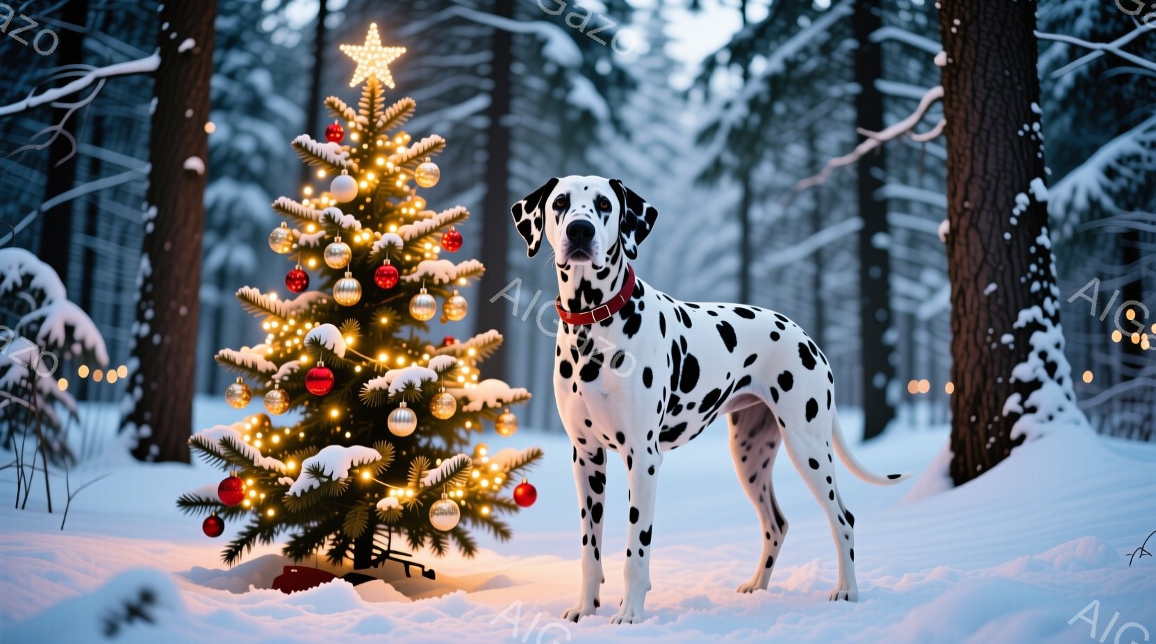 白地に黒い斑点模様のダルメシアンが雪景色の中でクリスマスツリーの前に立っている。ダルメシアンは赤い首輪をつけ、まっすぐ前を見て凛々しい表情を浮かべている。背景は雪に覆われた森林で、ぼんやりと光るクリス - AI生成フリー素材