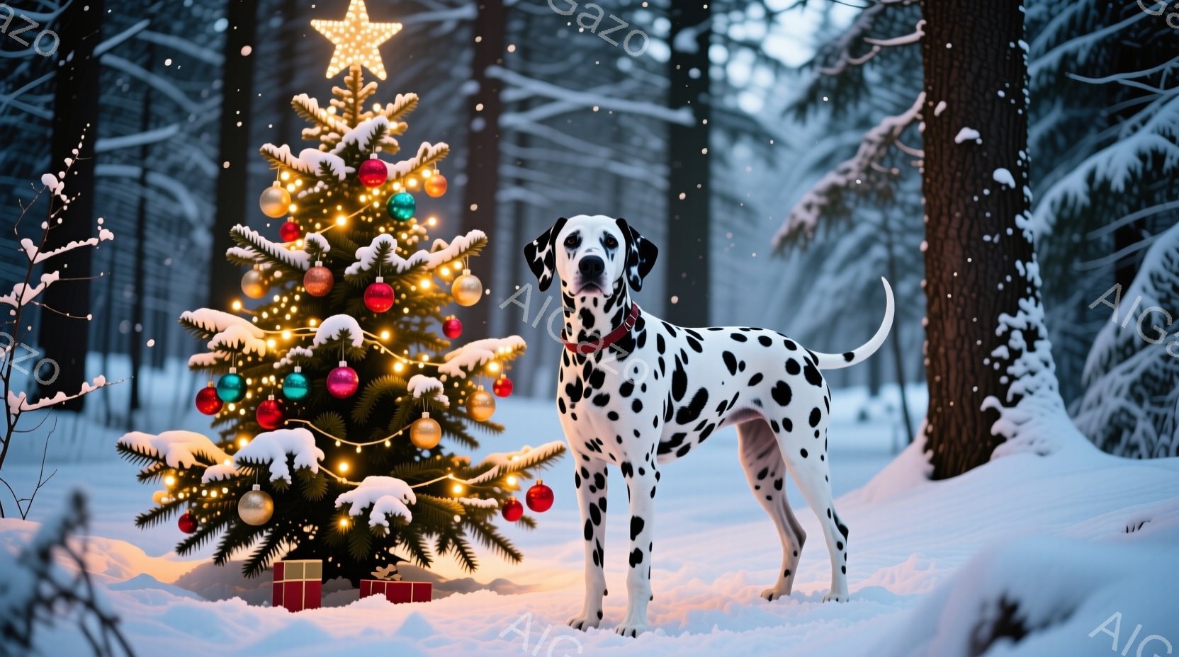 白地に黒い斑点模様のダルメシアンが雪景色の中でクリスマスツリーの前に立っている。ツリーは色とりどりのオーナメントと星の飾りで彩られ、足元にはプレゼントの箱が置かれている。背景には雪に覆われた木々が立ち - AI生成フリー素材