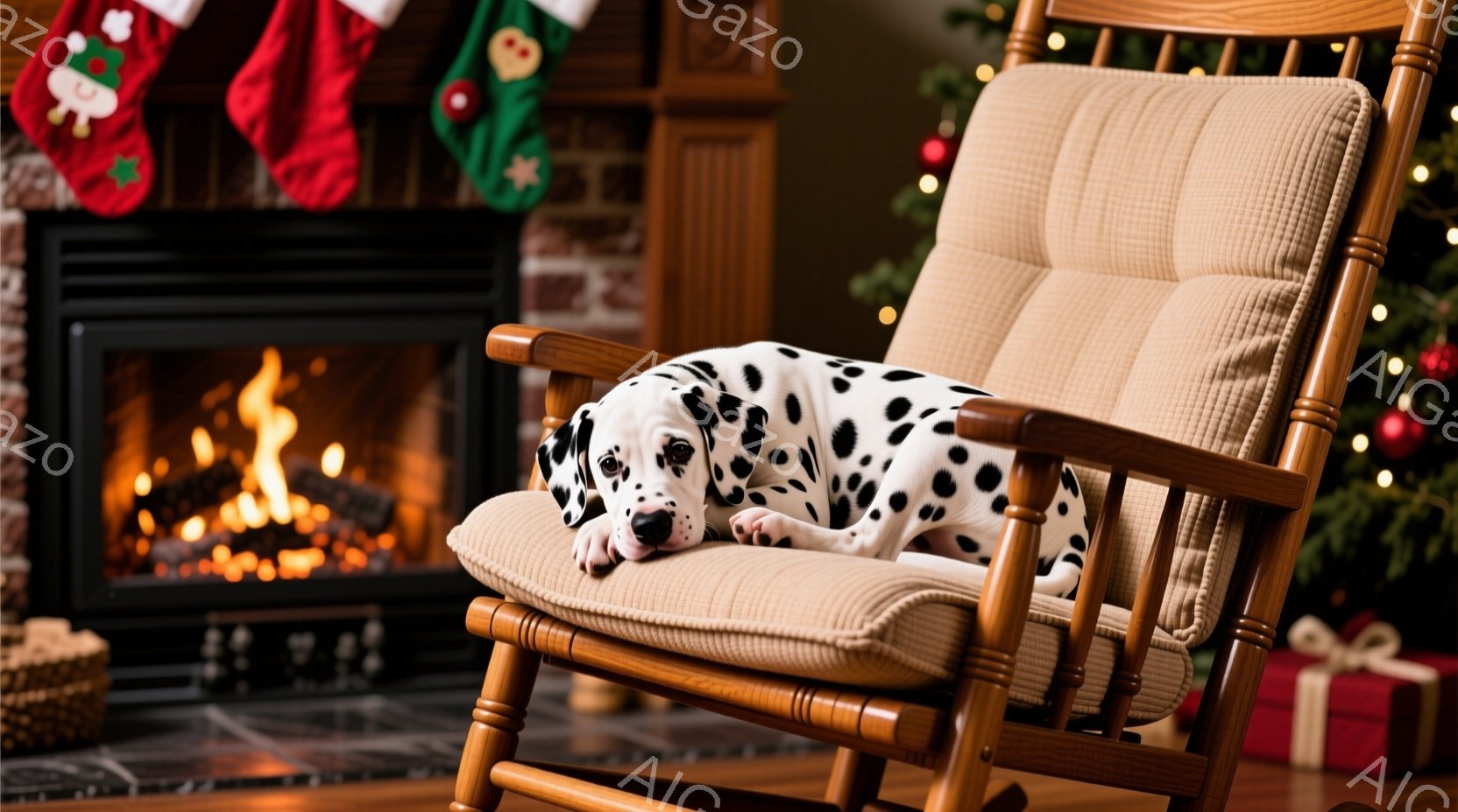 暖炉のそばにあるロッキングチェアに、ダルメシアンの子犬が横たわっています。子犬はリラックスした様子で、目を閉じてくつろいでおり、背景にはクリスマスツリーとクリスマスストッキングが見えます。暖炉の火が暖かく、部屋全体に穏やかで居心地の良い雰囲気を作り出しています。