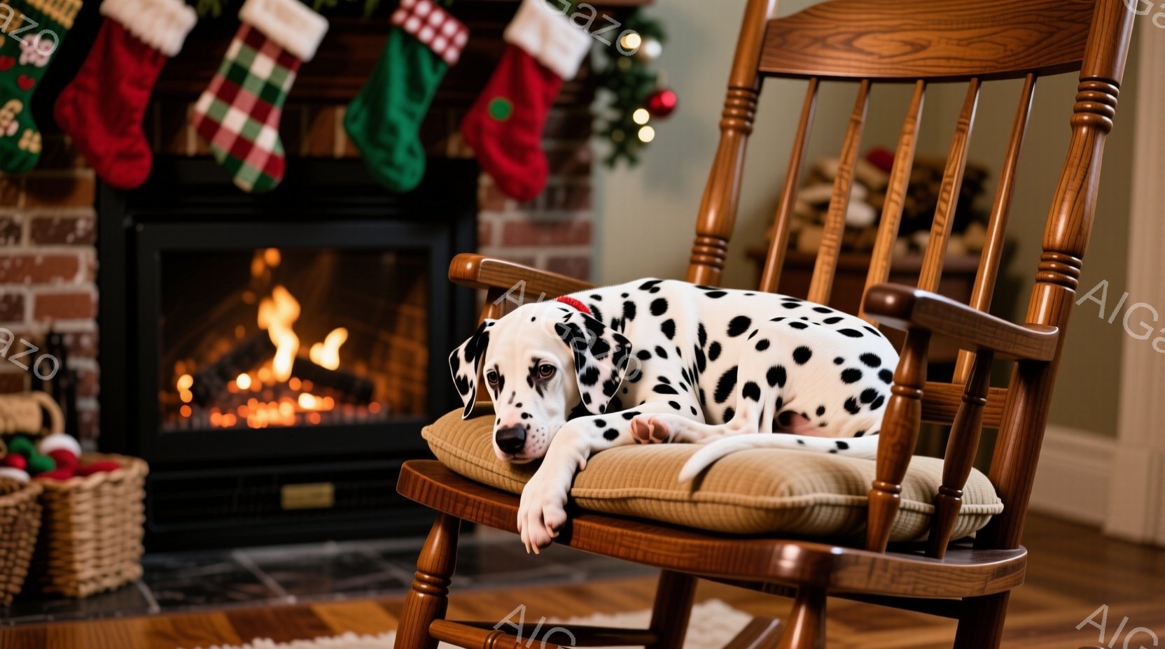 暖炉のそばにあるロッキングチェアに、ダルメシアンが横たわっています。犬はリラックスした様子で、片方の前足をだらんと下げています。背景にはクリスマスソックスが飾られた暖炉があり、温かく、居心地の良い冬の - AI生成フリー素材