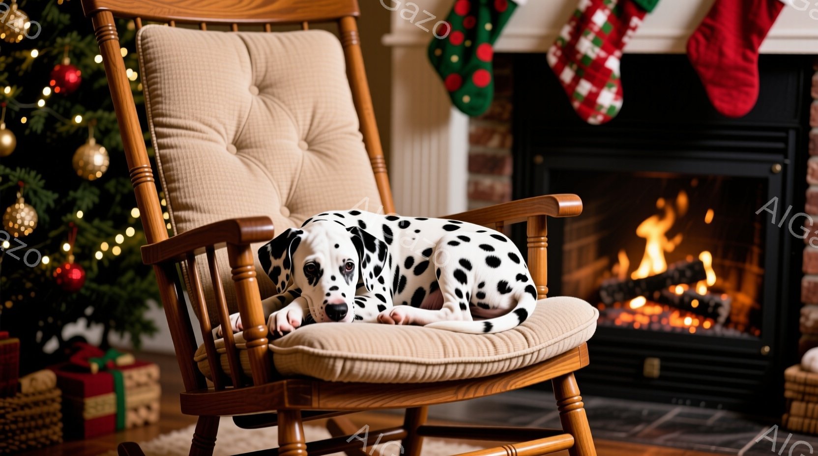 白い斑点模様のダルメシアンの子犬が、クッション付きのロッキングチェアに丸まって座っています。背景には、飾り付けられたクリスマスツリーと暖炉の火が見え、贈り物も置かれています。全体的に暖かく、居心地の良 - AI生成フリー素材