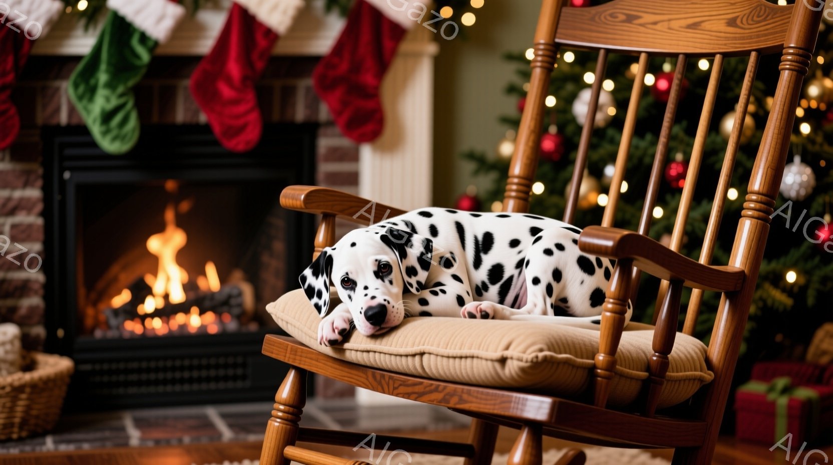 温炉のそばのロッキングチェアに、ダルメシアンの子犬が横たわっています。子犬はリラックスした様子で、うつ伏せになり、暖炉のそばで心地よい時間を過ごしているようです。背景にはクリスマスツリーとプレゼントが - AI生成フリー素材
