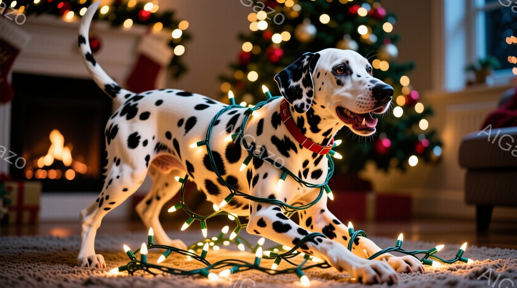 白地に黒い斑点模様のダルメシアンが、クリスマスのイルミネーションライトに絡まりながら、遊び心いっぱいに床に横たわっています。その表情は喜びにあふれ、口を開けて舌を出し、楽しんでいる様子が伝わってきます - AI生成フリー素材