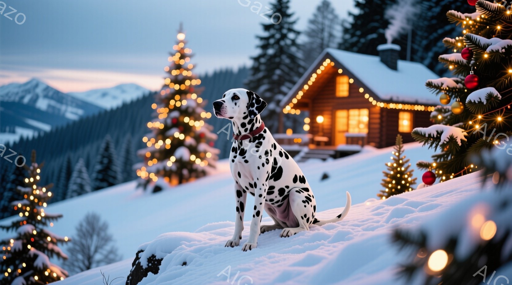 白地に黒い斑点模様のダルメシアンが雪の上に座っており、赤い首輪をしています。背景には、イルミネーションで飾られた小さな木製の家があり、周囲は雪に覆われた森林と山々で、薄暗い夕暮れ時の穏やかで温かい雰囲 - AI生成フリー素材