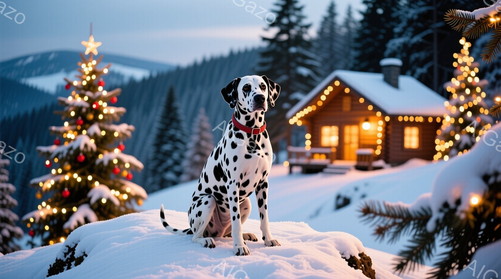 白い雪の上に、斑点模様のダルメシアンが赤い首輪をつけ、まっすぐ前を見つめている。背景には、クリスマスの飾り付けがされたモミの木と、温かい光が灯るログハウスが広がり、雪景色の中に暖かく穏やかな雰囲気が漂っている。全体的に、冬のホリデーシーズンを象徴する、静かで美しい光景である。