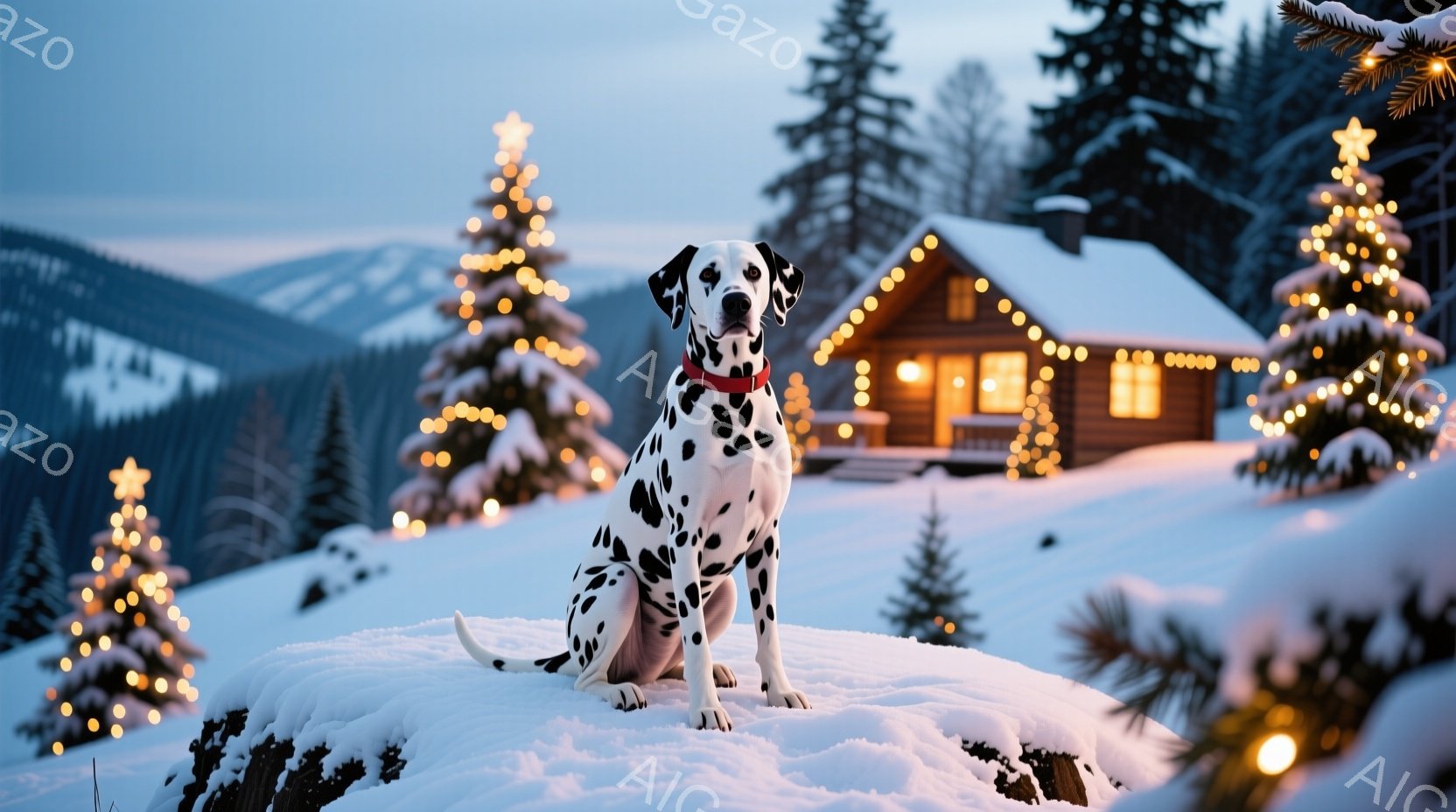 白い雪の上に、黒い斑点模様のダルメシアンが正面を向いて座っています。赤い首輪をつけており、凛々しい表情でカメラを見ています。背景には、ライトで飾られた可愛らしい木造の家と、雪に覆われた山々が広がり、冬 - AI生成フリー素材