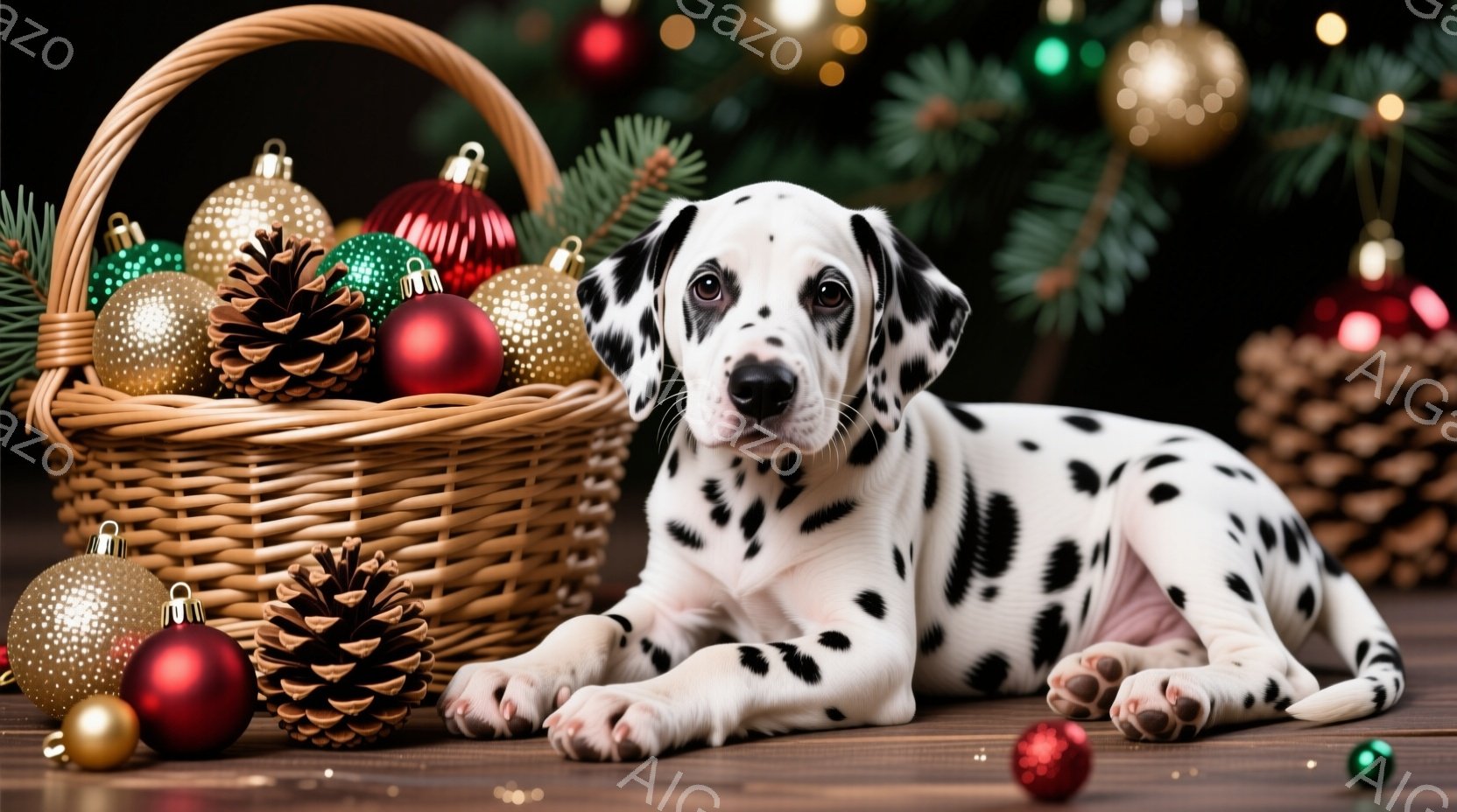 白地に黒い斑点模様のダルメシアンの子犬が、クリスマスの飾りと松ぼっくりが入った籠の横に横たわっています。子犬は前足を伸ばし、リラックスした表情でカメラを見つめています。背景は暗く、ぼやけたクリスマスツ - AI生成フリー素材