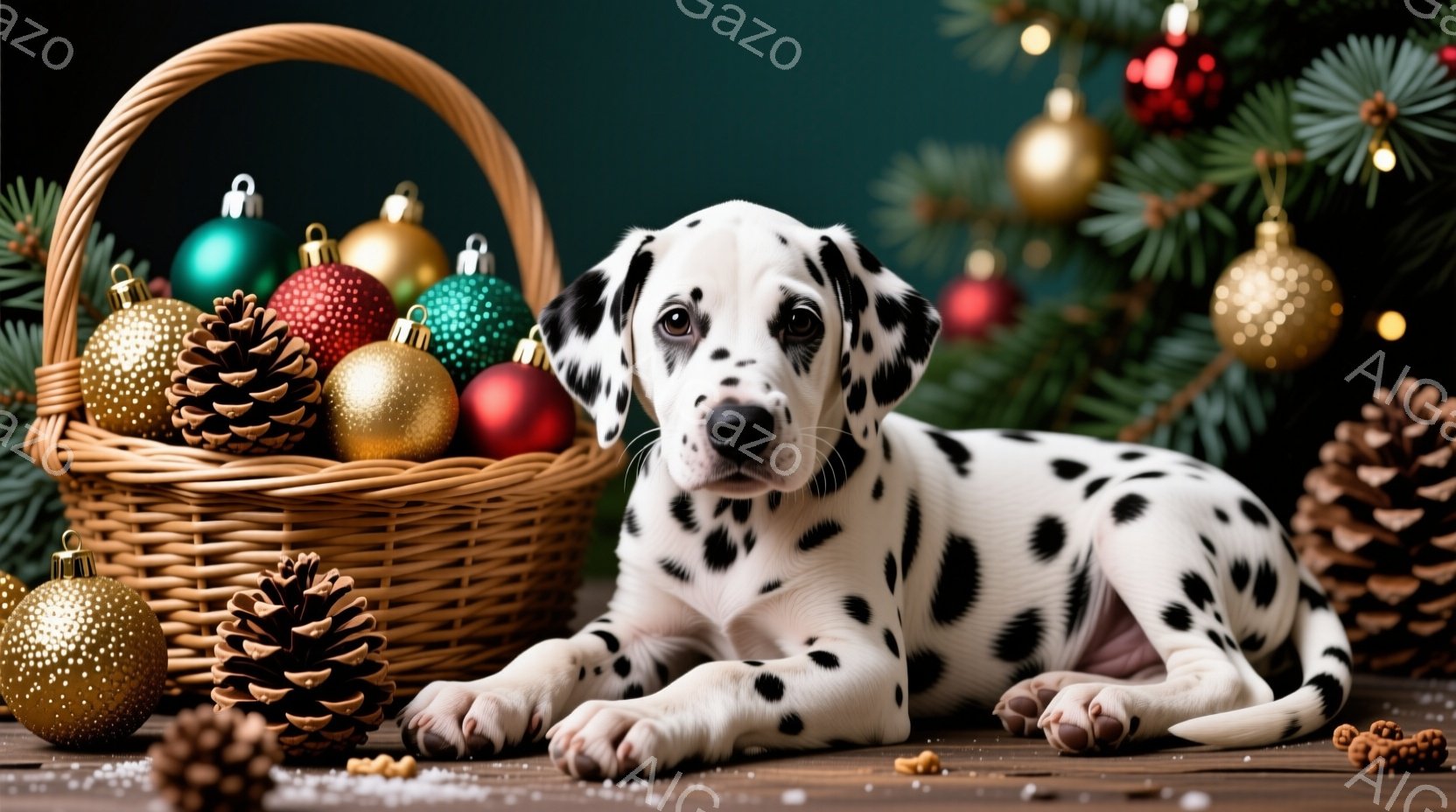 白地に黒い斑点模様のダルメシアンの子犬が、木の板の上に横たわっています。周りにはクリスマスオーナメントや松ぼっくりが置かれたかごがあり、背景には緑色のクリスマスツリーが見えます。全体的に暖かく、お祝い - AI生成フリー素材