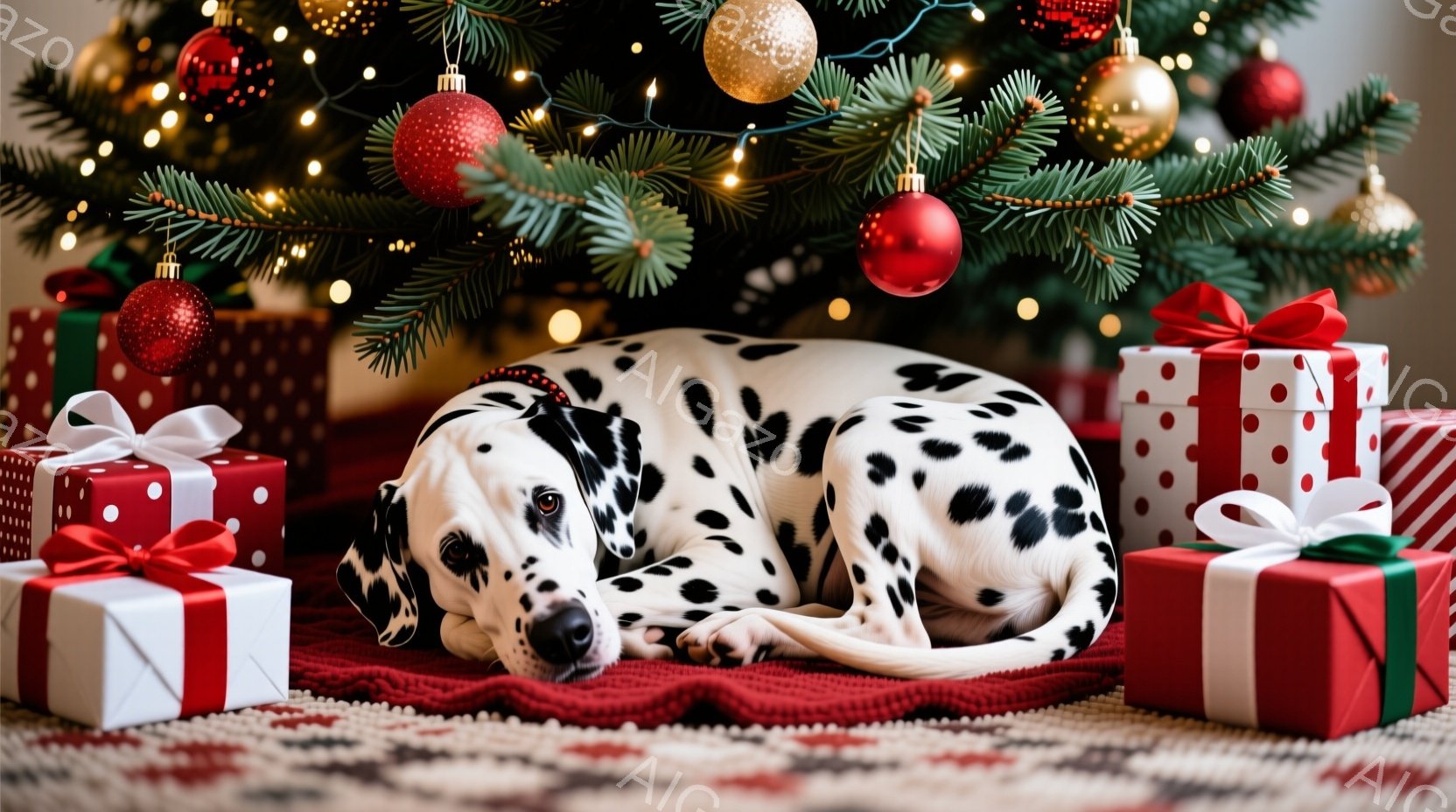 白地に黒い斑点模様のダルメシアンが、赤い毛布の上に横たわっています。背景にはクリスマスツリーがあり、赤い、緑、白い包装紙で包まれたプレゼントがいくつか置かれています。全体的に、温かく、お祝いの雰囲気が - AI生成フリー素材