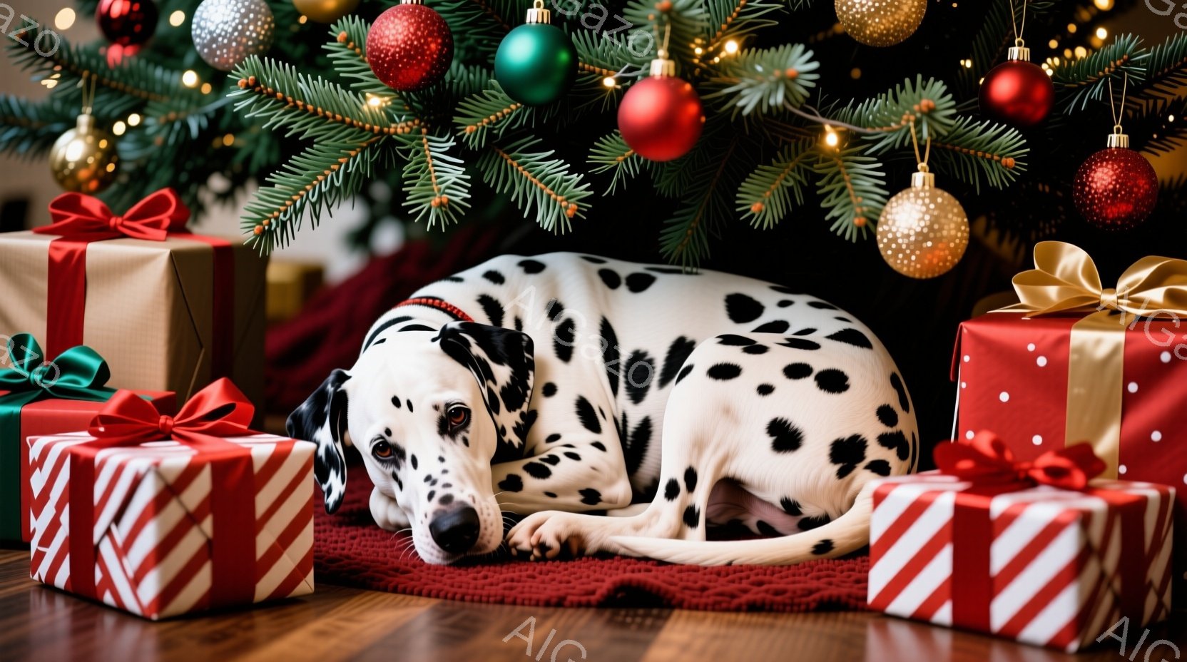 雪の中で、黒い斑点模様のダルメシアンが勢いよく走り、小さな子供たちは雪だるまを作っています。子供たちは冬の帽子とジャケットを着ており、笑顔で雪だるまに顔のパーツをつけようとしています。背景には暗い木々 - AI生成フリー素材