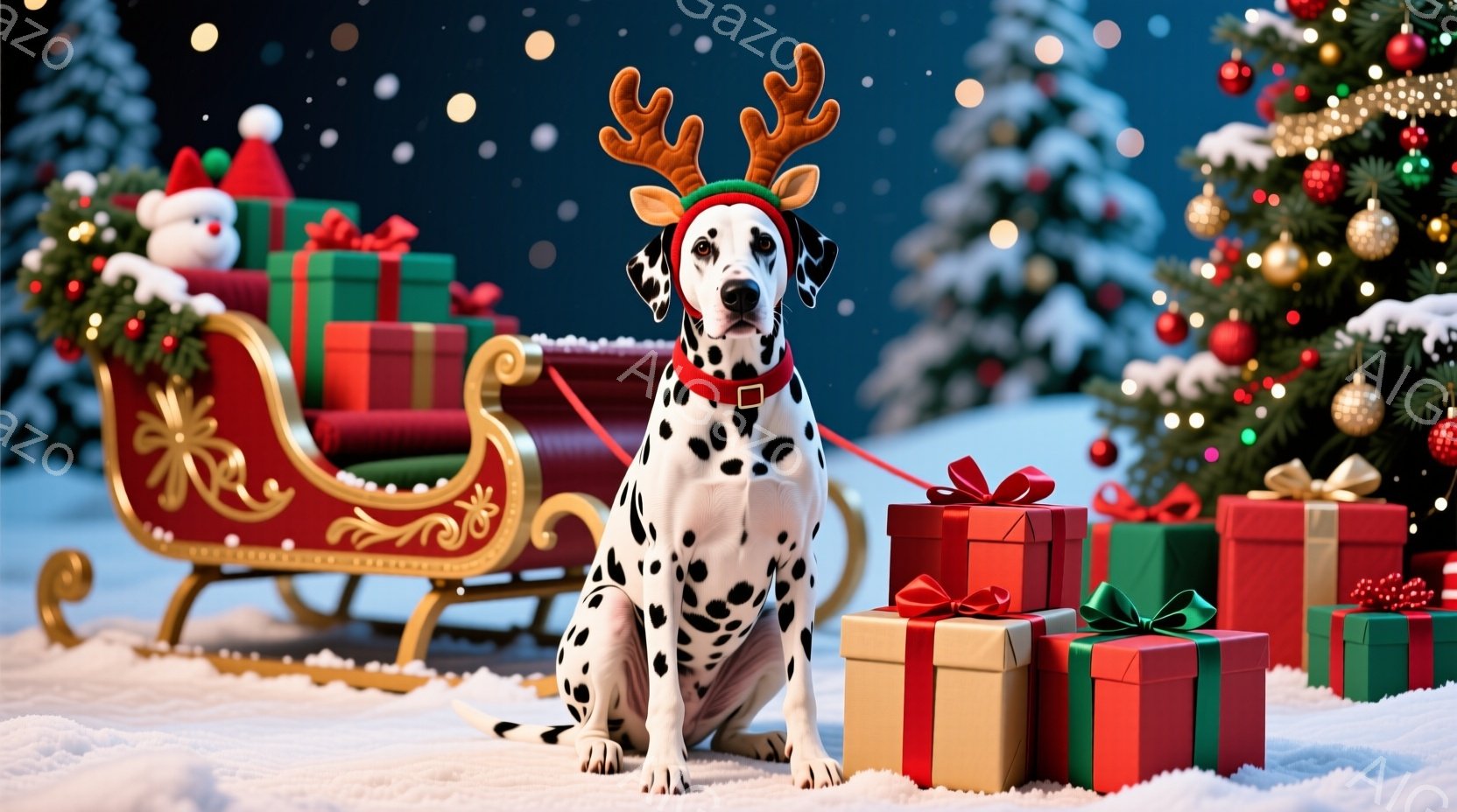 白地に黒い斑点模様のダルメシアン犬が、赤いトナカイの角の飾りを付けて雪の上に座っています。背景には、プレゼントの箱が積み重ねられた赤いそりが置かれ、緑色のクリスマスツリーが飾られています。雪が舞う冬の - AI生成フリー素材