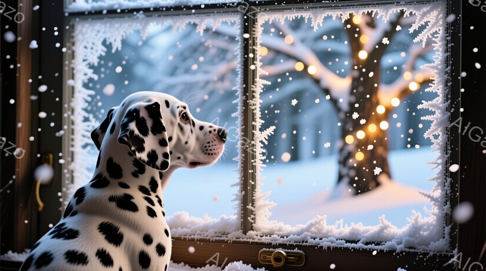 白地に黒い斑点模様のダルメシアンが、雪で覆われた窓枠から外を眺めている。窓の外には、雪景色の中にぼんやりと見える木々と、温かい光を放つ何らかのイルミネーションが広がっており、冬の静寂と安らぎを感じさせ - AI生成フリー素材
