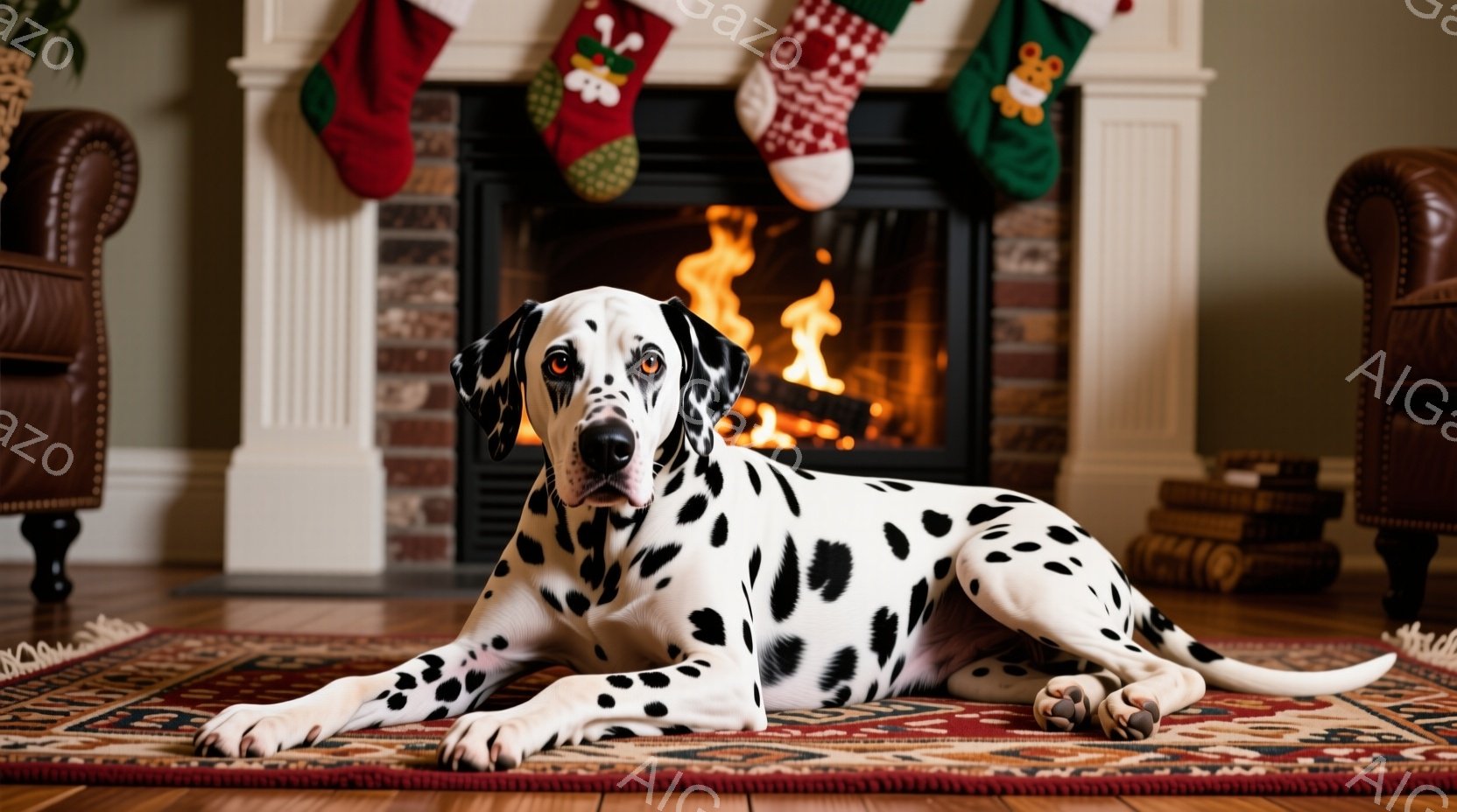 白地に黒い斑点模様のダルメシアン犬が、暖炉の前にある敷物の上で横たわっています。暖炉の中では炎が燃え盛り、背景にはクリスマスらしい靴下が飾られています。部屋全体が暖かく、居心地の良い雰囲気で、冬のホリ - AI生成フリー素材