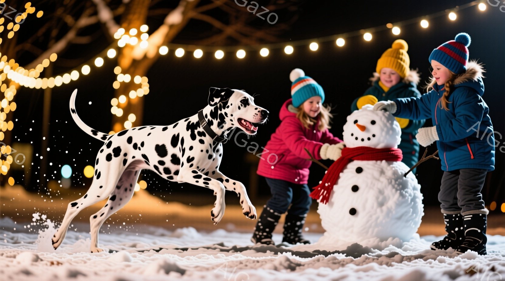 雪景色の中で、二人の子供とダルメシアンが雪だるつくりを楽しんでいる様子が写っている。子供たちはそれぞれ青と黄色のニット帽をかぶり、防寒性の高いジャケットと黒いブーツを履いており、雪だるつの顔を作るのに - AI生成フリー素材