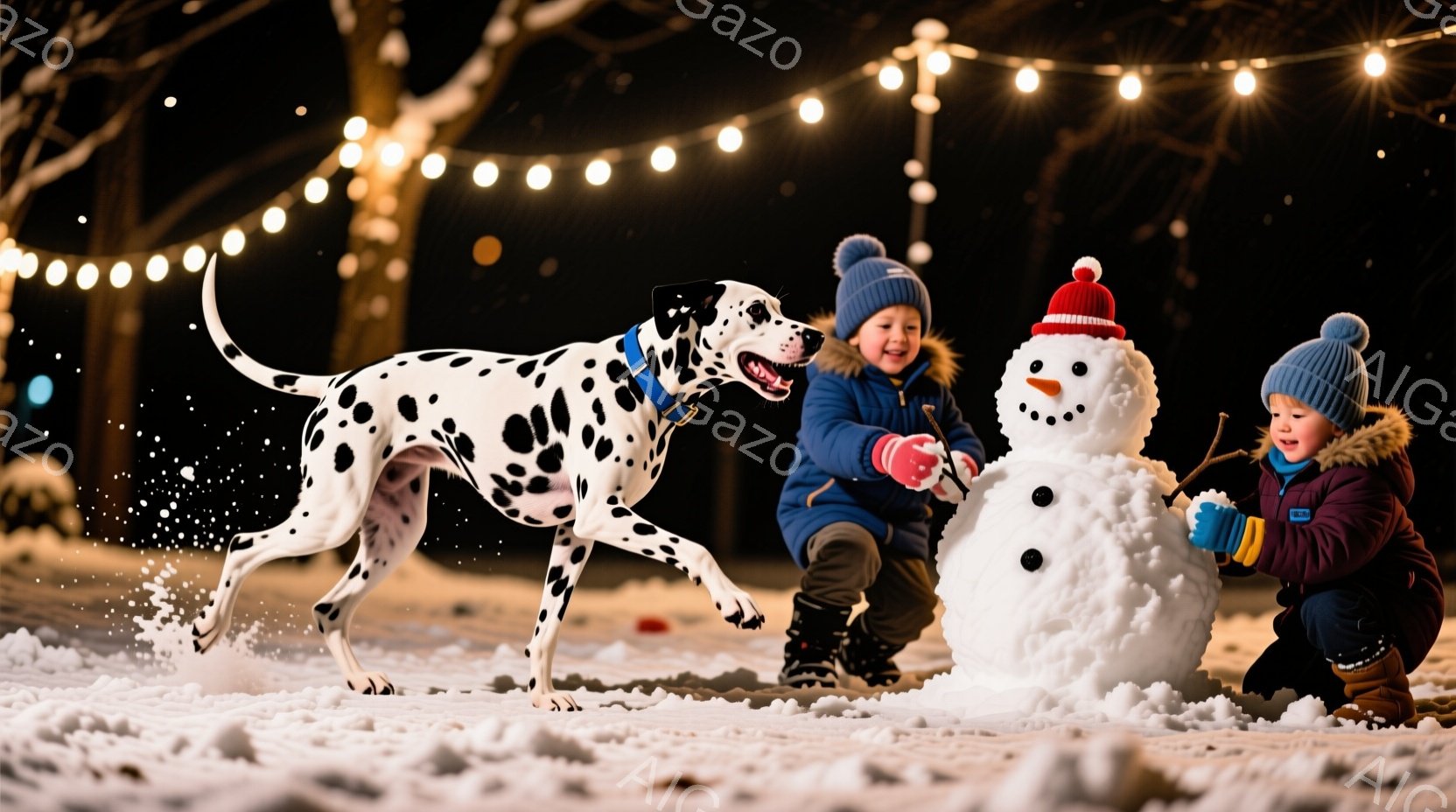 雪景色の中で、二人の子供たちが雪だるまを作っています。片方の子供は青い帽子と紺色のジャケットを着て、雪だるまの顔に炭で目や口を描いています。もう一人の子供は、雪の中を走り回るダルメシアン犬の隣で楽しそ - AI生成フリー素材