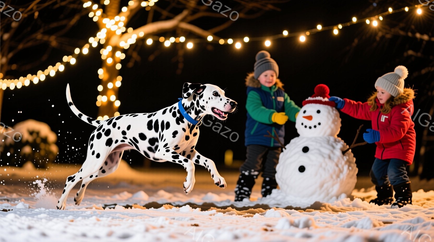 雪景色の中で、赤いジャケットを着た少女が雪だるまの横に立っています。彼女はポンポン付きの帽子をかぶり、笑顔で雪だるまの腕を作っています。背景には、電飾が輝き、走り回るダルメシアンが動きのある冬の情景を作り出しています。