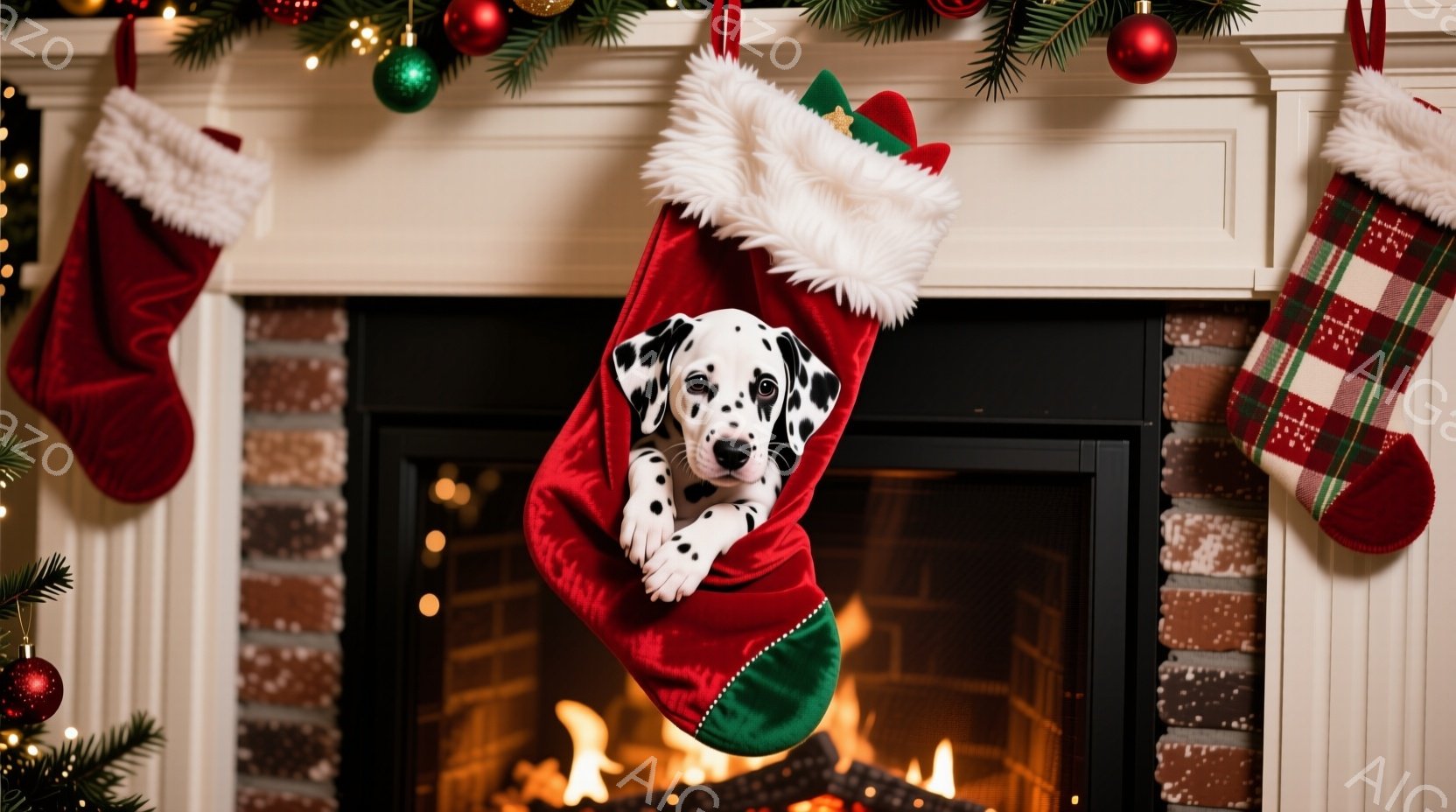 赤いクリスマスストッキングの中に、ダルメシアンの子犬が顔を出しています。子犬は好奇心旺盛な表情で、少し身を乗り出してこちらを見ています。背景には暖炉の火が燃え盛り、クリスマスオーナメントとクリスマスツ - AI生成フリー素材