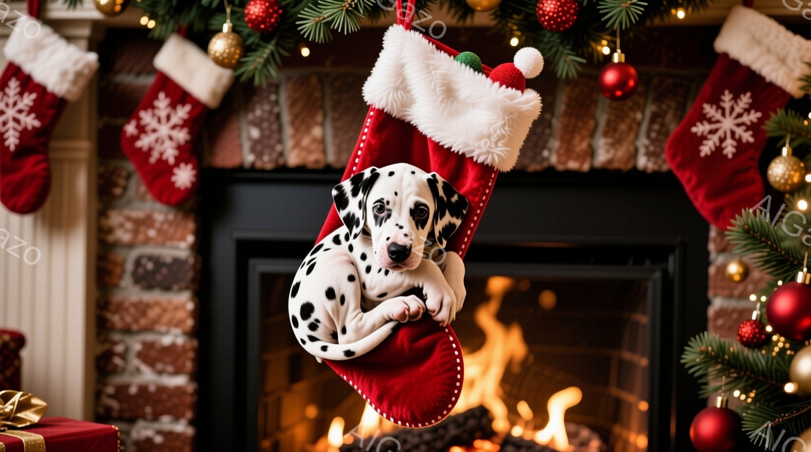 真っ赤なクリスマスストッキングの中に、ダルメシアンの子犬がもふもふの白い縁取りとポンポンがついたサンタ帽をかぶって丸まって座っています。背景にはレンガ造りの暖炉と燃え盛る炎があり、クリスマスツリーの緑と赤いオーナメントが暖かくお祝いの雰囲気を醸し出しています。全体的に、愛らしく、居心地の良い、クリスマスの季節を象徴する様子が表現されています。