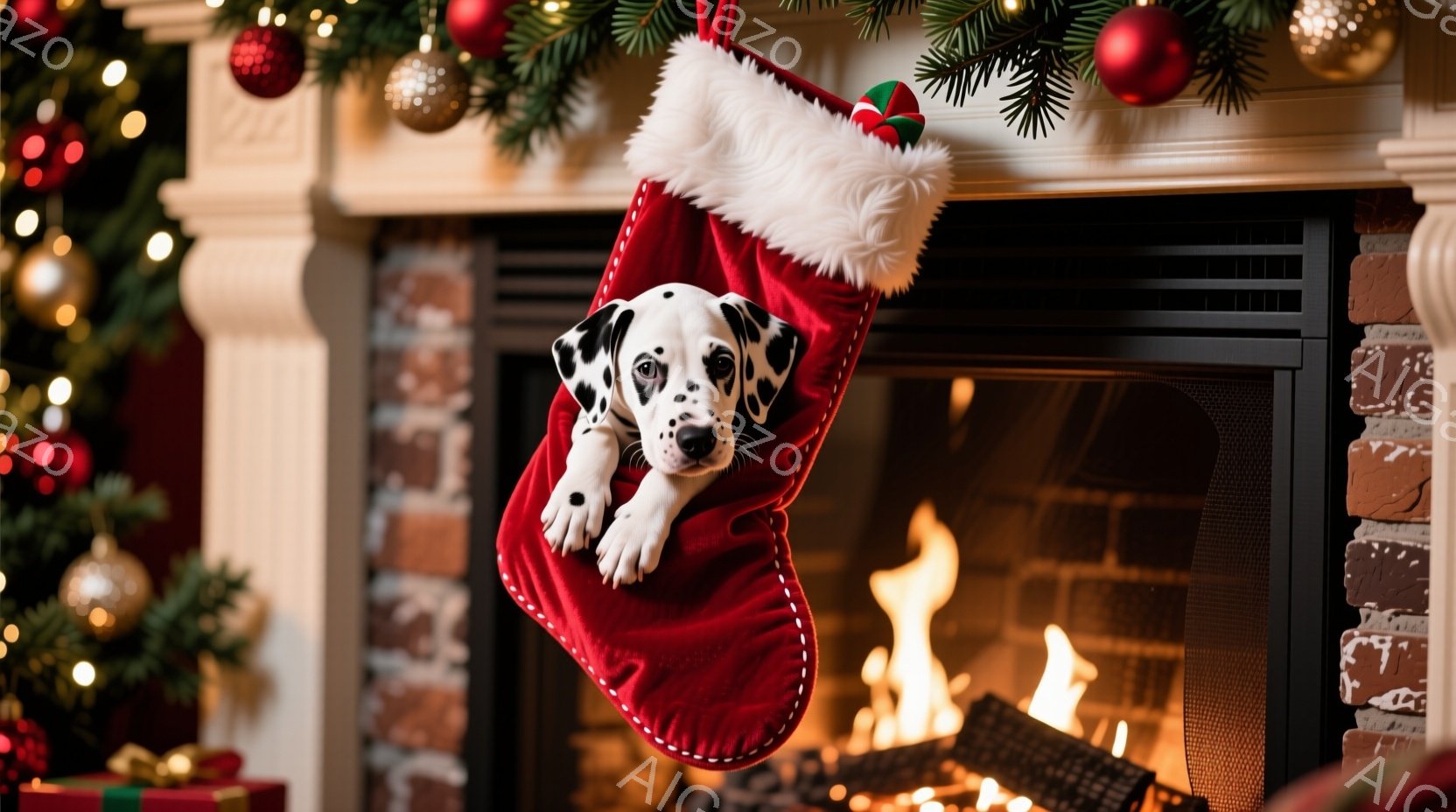 赤いクリスマスストッキングの中に、ダルメシアンの子犬が顔を出しています。暖炉の火が暖かく照らし、背景にはクリスマスツリーの飾りとプレゼント箱が見え、温かく幸せなクリスマスの雰囲気が漂っています。子犬は - AI生成フリー素材