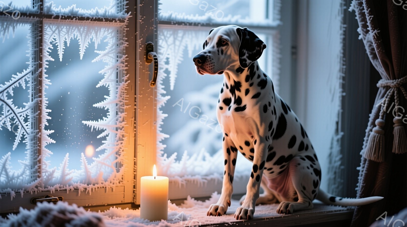 雪景色を背景に、ダルメシアンが窓辺に座って外を見つめている。窓枠には霜が降り積もり、室内には暖かそうなキャンドルの光が灯っている。暖炉のそばで穏やかな時間を過ごしているような、冬の静かで美しい雰囲気が - AI生成フリー素材