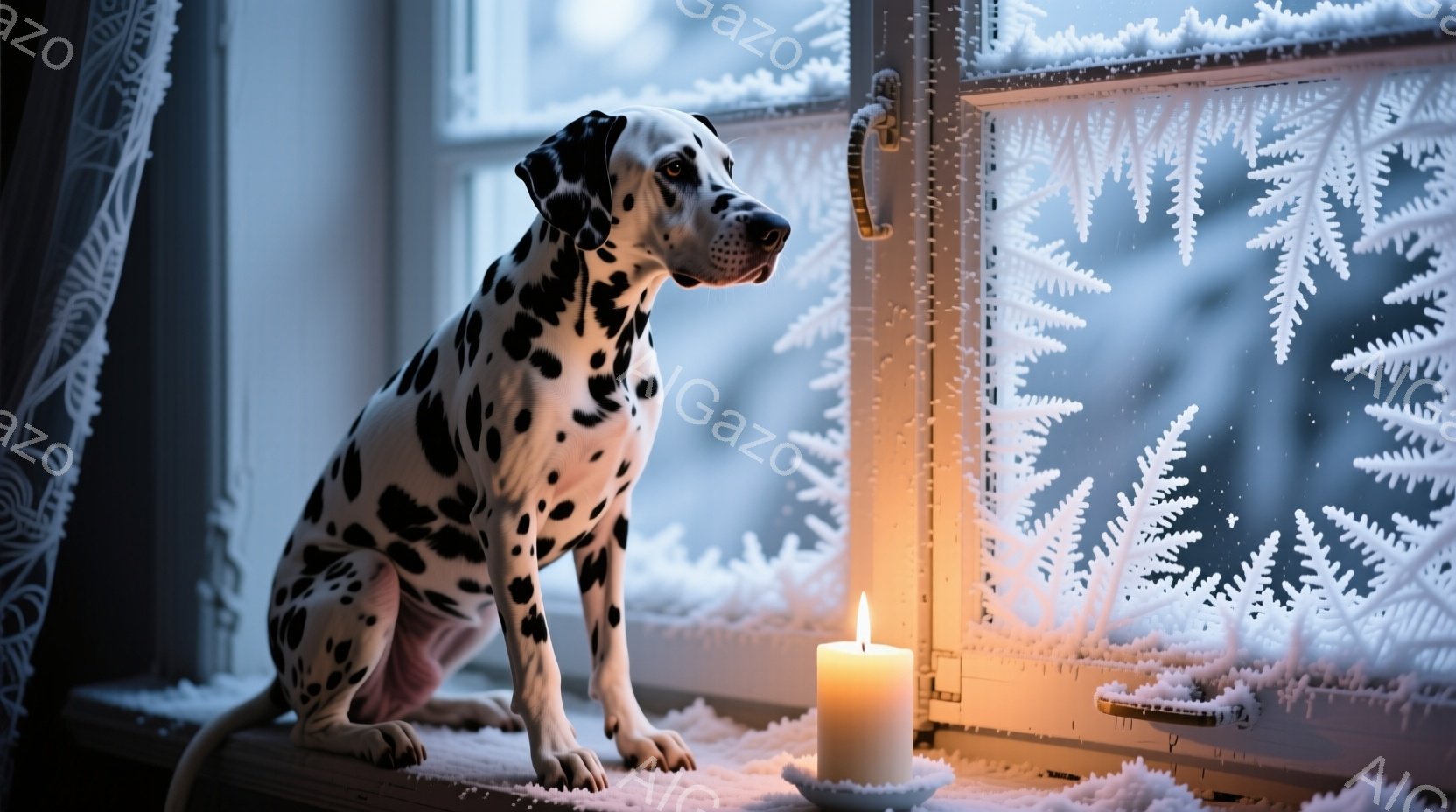 ダルメシアンが窓辺に座り、外の雪景色を眺めている。窓には雪の結晶模様が描かれており、暖色のキャンドルがその横に置かれていることで、暖かく穏やかな雰囲気が漂っている。背景は雪景色で、外は冬の真っ只中であ - AI生成フリー素材