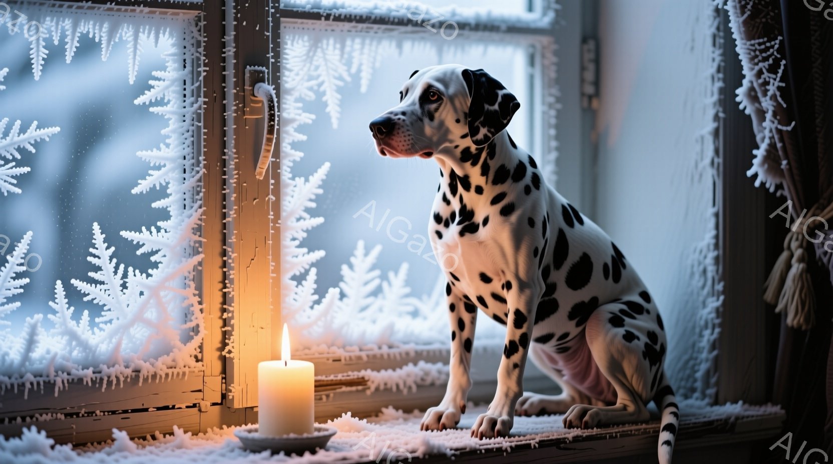 白地に黒い斑点模様のダルメシアンが窓辺に座っており、外の雪景色を眺めている。窓枠には霜が降りており、暖かみのあるキャンドルの光が室内を照らし、冬の静かで穏やかな雰囲気を醸し出している。雪が降る外の景色 - AI生成フリー素材