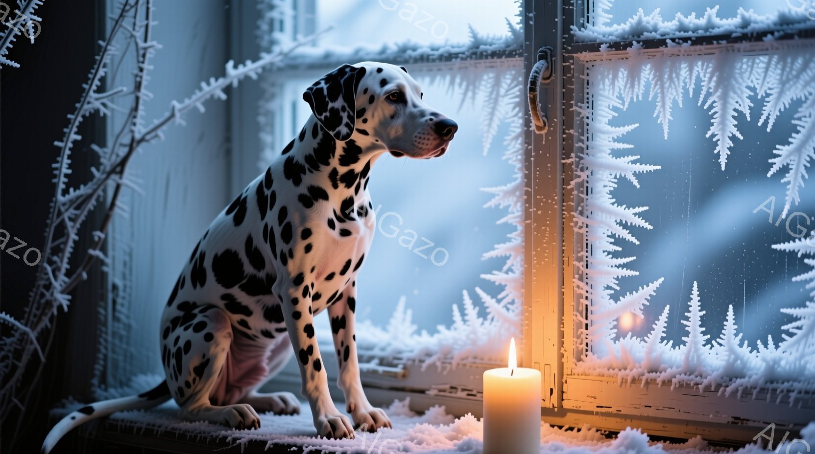 ダルメシアン犬が雪景色を眺める窓辺に座っています。窓ガラスには繊細な雪の結晶が描かれ、室内には暖かく揺らめくキャンドルの光が灯っています。全体的に静かで穏やかな冬の雰囲気が漂い、犬はどこか物憂げな表情 - AI生成フリー素材