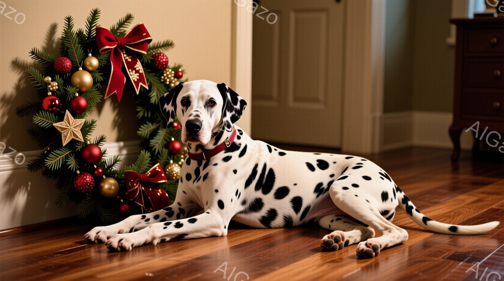白地に黒い斑点模様のダルメシアンが、磨かれた木の床に横たわっています。背景にはクリスマスツリーがあり、赤いリボンと金色のオーナメントで飾られています。暖色系の照明と穏やかなポーズから、リラックスしたク - AI生成フリー素材