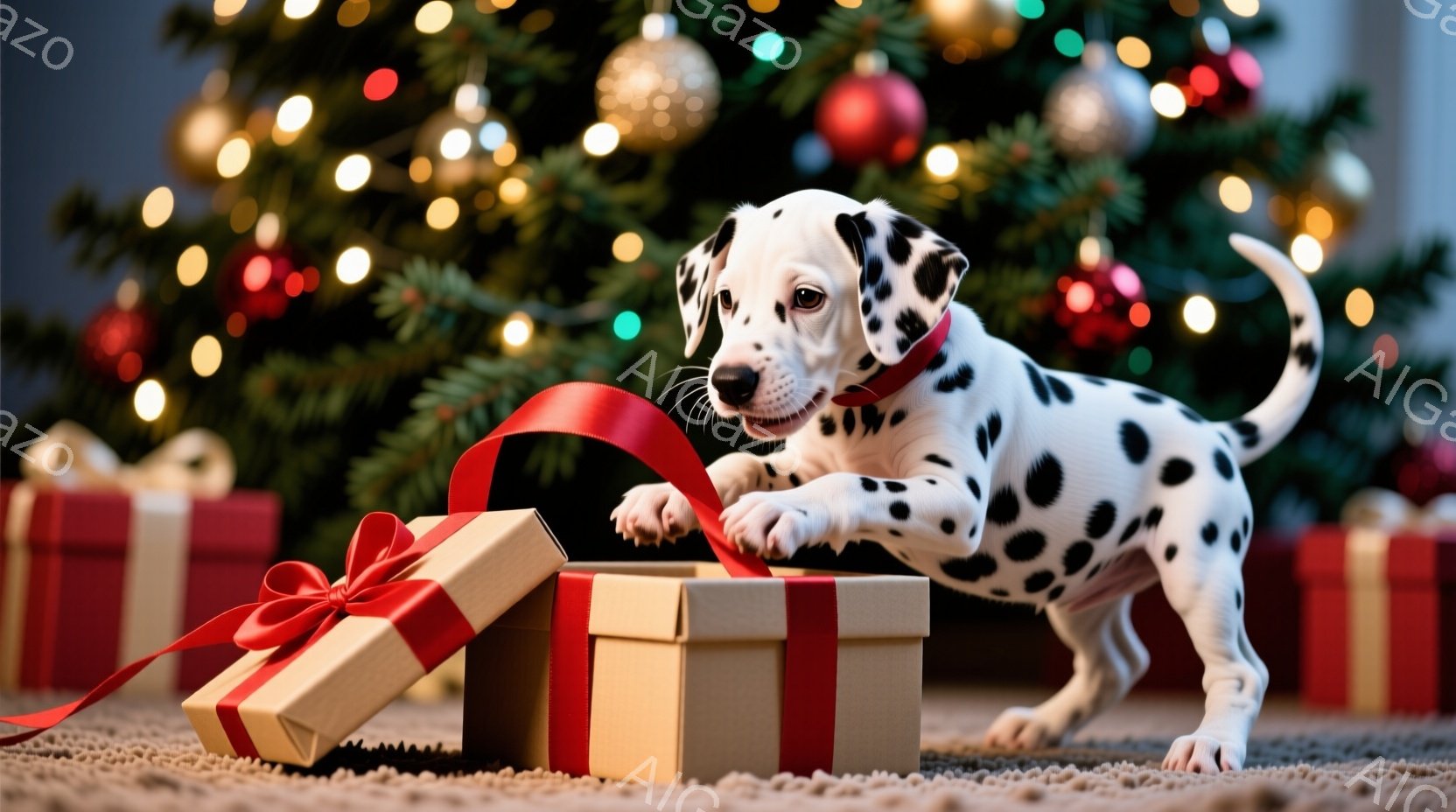 白地に黒い斑点模様の若いダルメシアン犬が、赤いリボンで結ばれた開いたギフトボックスのそばにひざまずいています。犬は興奮した表情で、前足でギフトボックスの中を覗き込もうとしています。背景には、装飾された - AI生成フリー素材