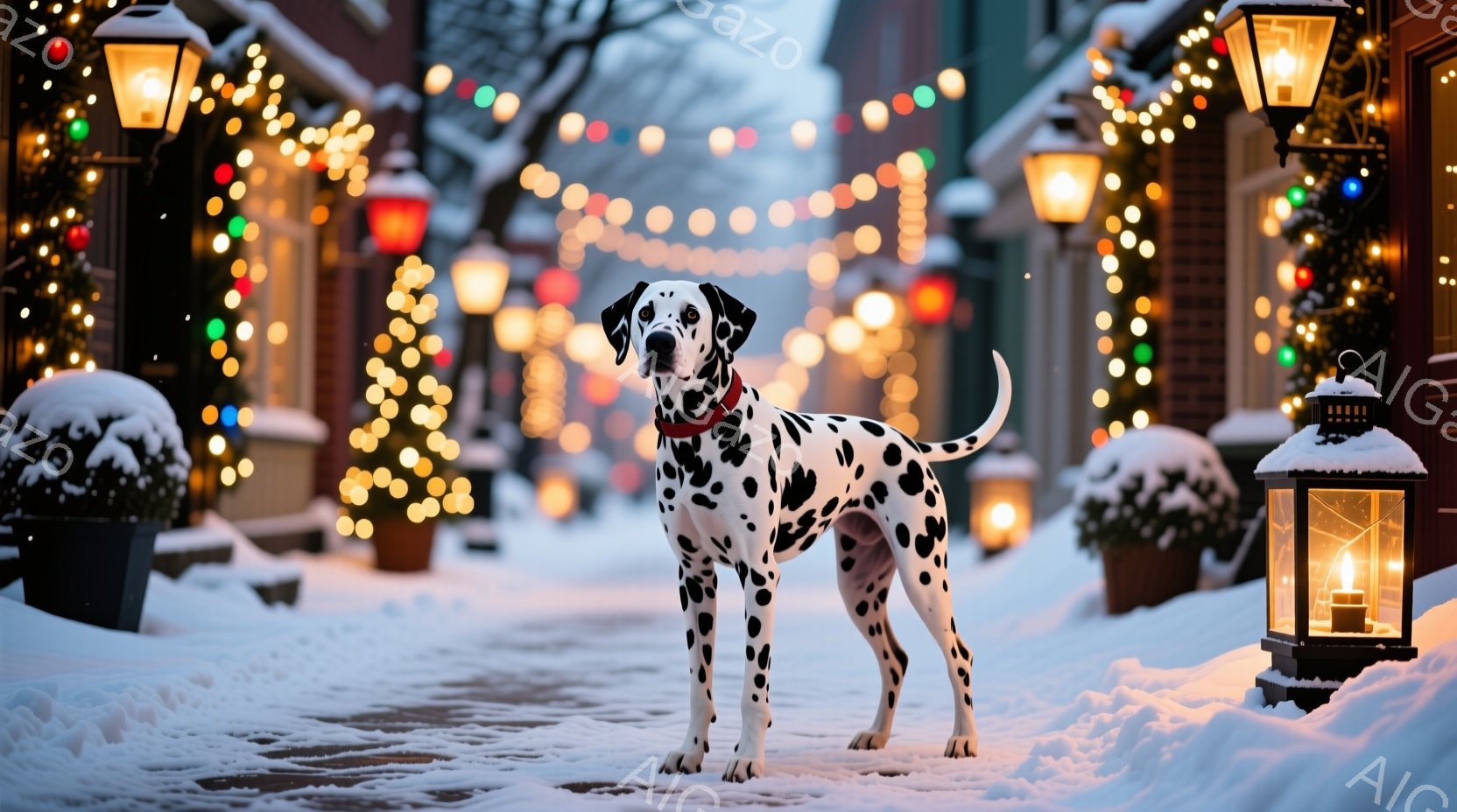 白黒のダルメシアンが雪に覆われた石畳の道に立っている。背景には、カラフルなイルミネーションで飾られた建物や、雪を被った低木が見られ、クリスマスの温かい雰囲気を醸し出している。ダルメシアンは赤い首輪を付 - AI生成フリー素材