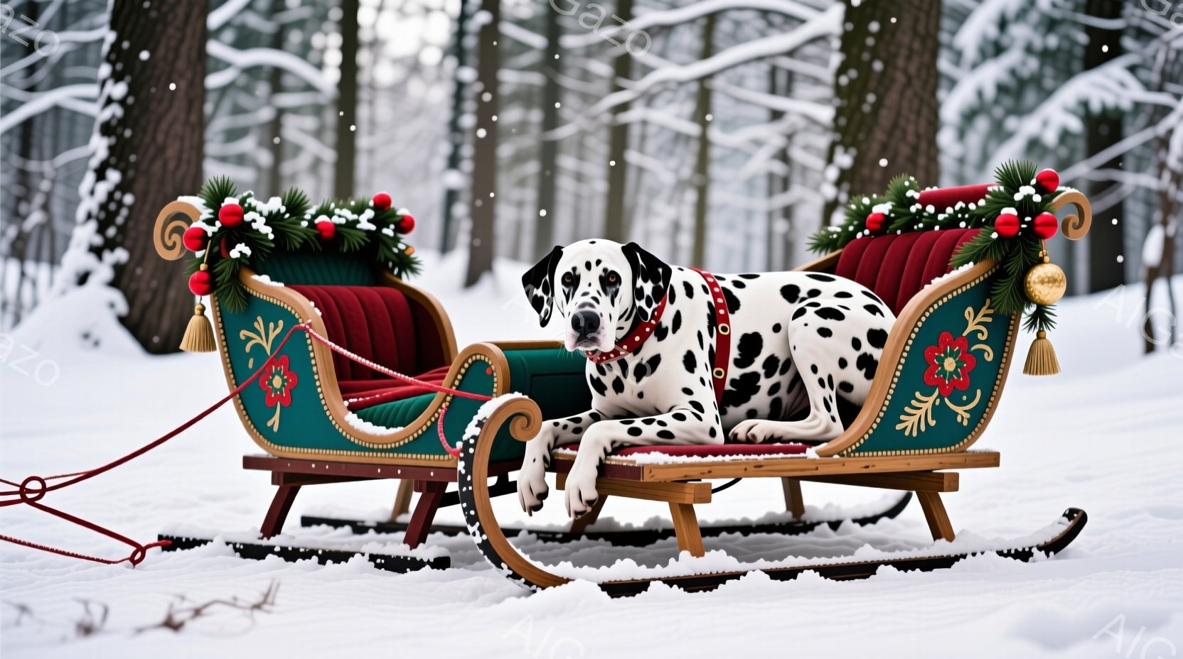 白地に黒斑のダルメシアン犬が、緑と赤で装飾されたそりに横たわっている。そりは雪景色の中にあり、背景には雪に覆われた木々がぼんやりと見え、クリスマスの飾り付けが施されている。全体的に暖かく、穏やかな冬の - AI生成フリー素材