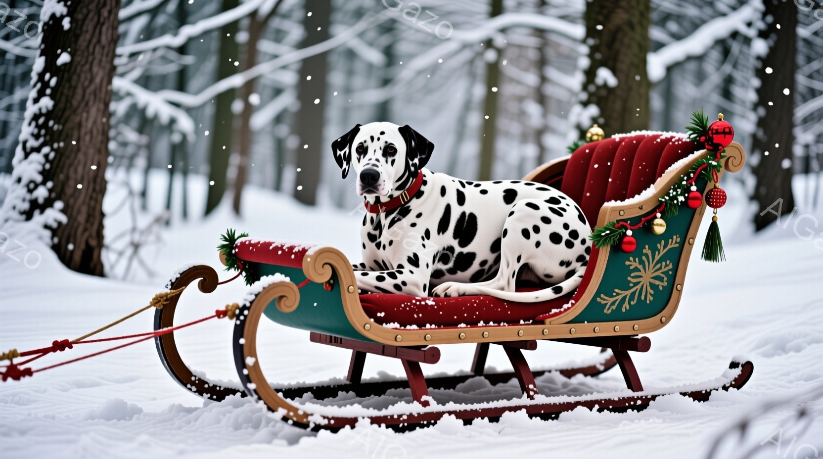 白い毛並みに黒い斑点模様のダルメシアンが、赤と緑で装飾された雪橇（そり）にゆったりと横たわっています。雪橇は雪景色の中にあり、背景には冬の木々がぼんやりと見え、全体的に穏やかでクリスマスの雰囲気が漂っています。雪が舞い降りており、寒々しいながらも温かい雰囲気が感じられます。