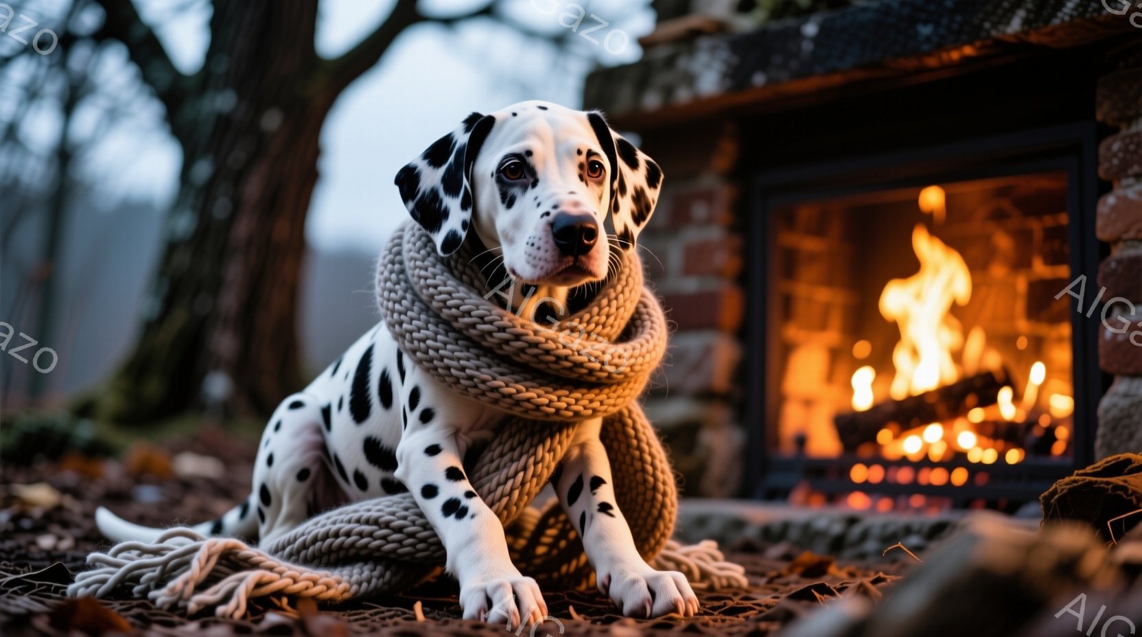 白地に黒い斑点模様のダルメシアンが、太い編み物のマフラーを首に巻いて座っています。その表情は落ち着いており、カメラに向かってまっすぐ視線を送っています。背景には煉瓦造りの暖炉があり、燃え盛る炎が暖かく、落ち葉と木々で覆われた屋外のシーンに秋の雰囲気を添えています。