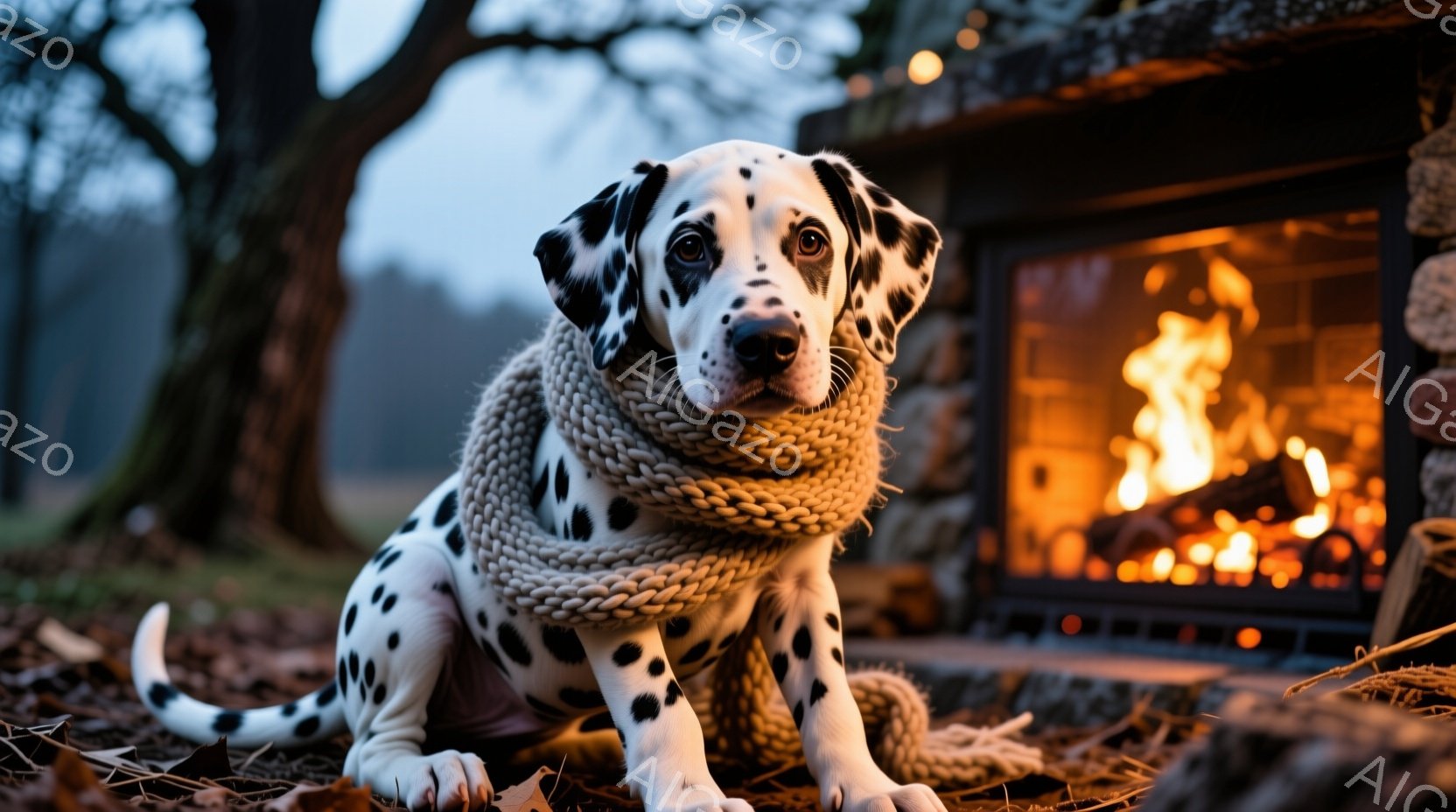 白地に黒い斑点模様のダルメシアン犬が、太い編み物のマフラーを首に巻いて座っています。背景には暖炉があり、炎が燃え盛る様子が伺えます。落ち葉が敷き詰められた地面と、暖炉の石造りの壁が秋の季節感を強調し、 - AI生成フリー素材