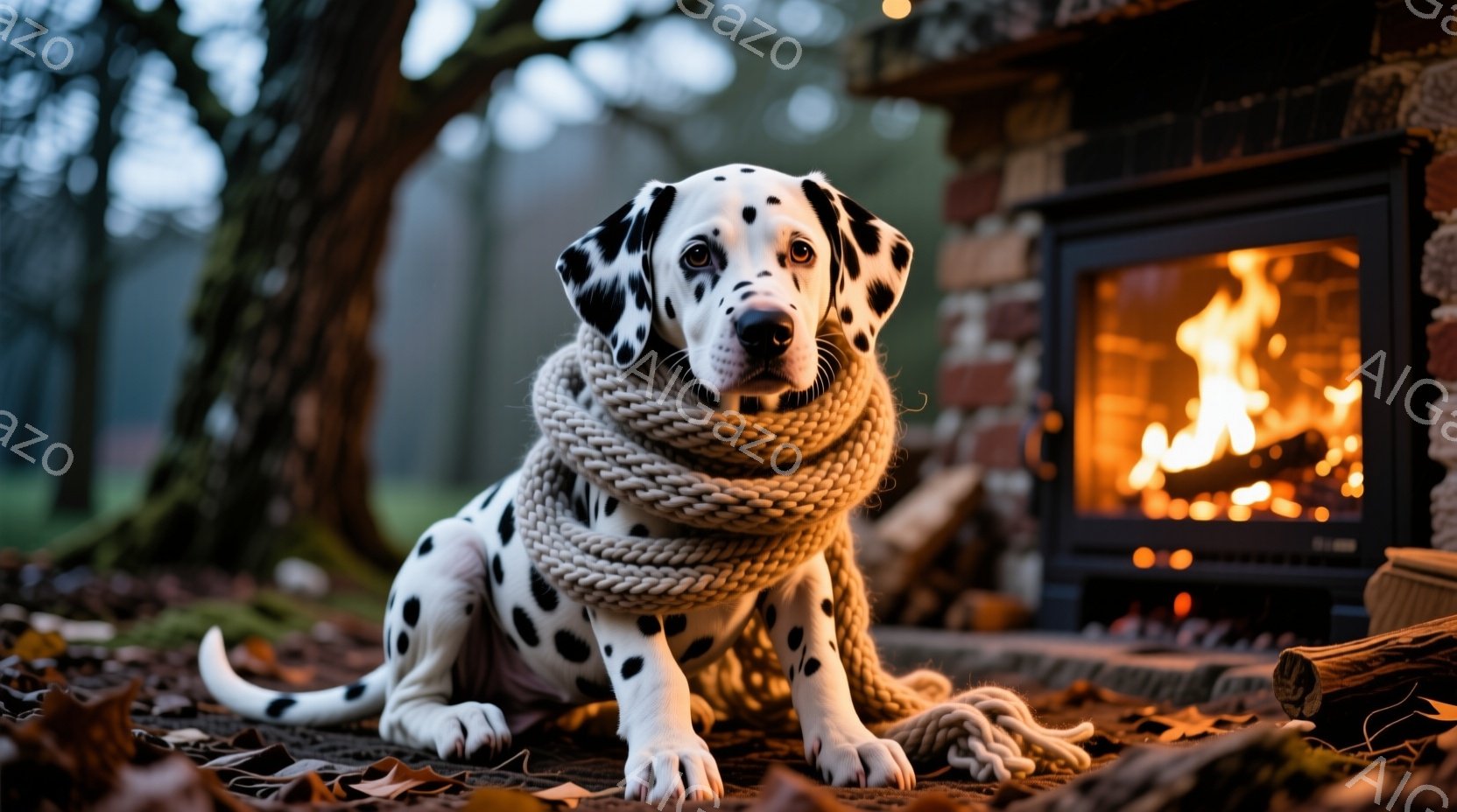 白地に黒い斑点模様のダルメシアンが、太い編み物のマフラーを首に巻いて座っています。背景には暖炉があり、炎が燃え盛っているのが見え、落ち葉で覆われた地面には木材が置かれています。全体的に暖かく、秋の穏や - AI生成フリー素材