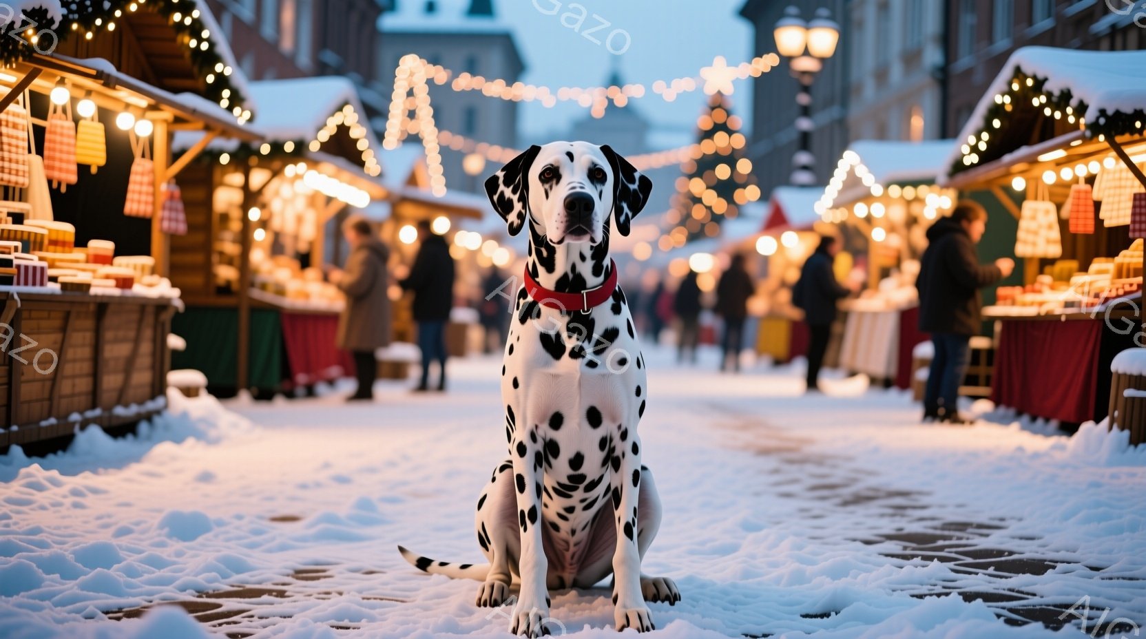 白地に黒い斑点模様のダルメシアンが雪の上に座っており、赤い首輪をしています。背景にはクリスマスマーケットのような賑やかな光景が広がり、人々が歩き、屋台が並んでいます。雪が降り積もり、温かい光が灯ることで、冬の暖かく華やかな雰囲気が漂っています。