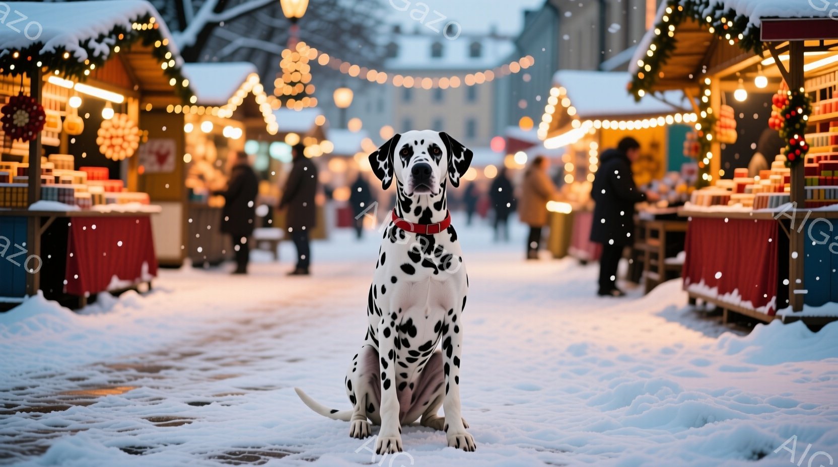 白地に黒い斑点模様のダルメシアンが雪の上に座っており、赤い首輪をつけている。背景にはクリスマスのマーケットのような賑やかな光景が広がり、木製の屋台が並び、人々が歩いている。雪が舞い散る冬の夜の、暖かく、お祭り気分を醸し出す雰囲気である。