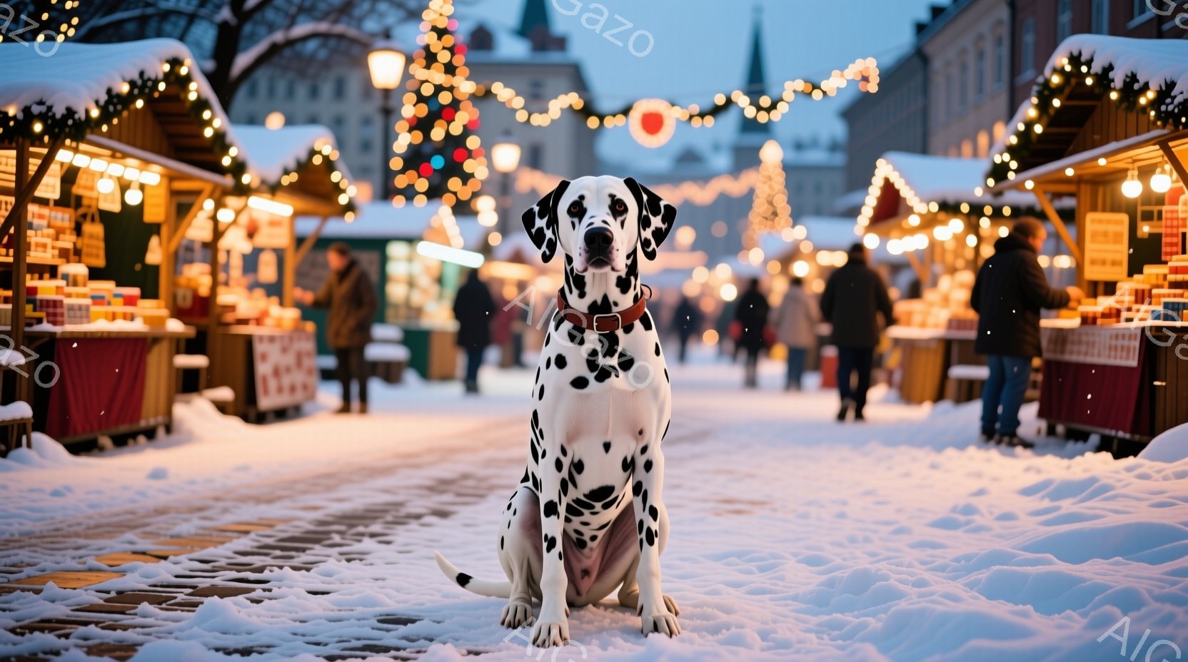 白と黒の斑点模様をしたダルメシアンが、雪で覆われた石畳の道に座っている。背景には、クリスマスのイルミネーションで飾られた木々や、市場の屋台が並び、多くの人々が歩いている。雪がちらつき、暖かく、お祝いム - AI生成フリー素材
