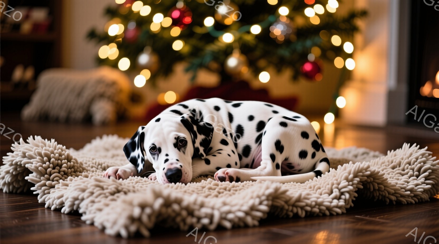 白地に黒い斑点模様のダルメシアン犬が、ふわふわの白いラグの上に横たわっています。犬は目を閉じ、リラックスした表情で、まるで眠りにつこうとしているようです。背景にはぼやけたクリスマスツリーの光が輝き、暖かく穏やかな雰囲気を醸し出しています。